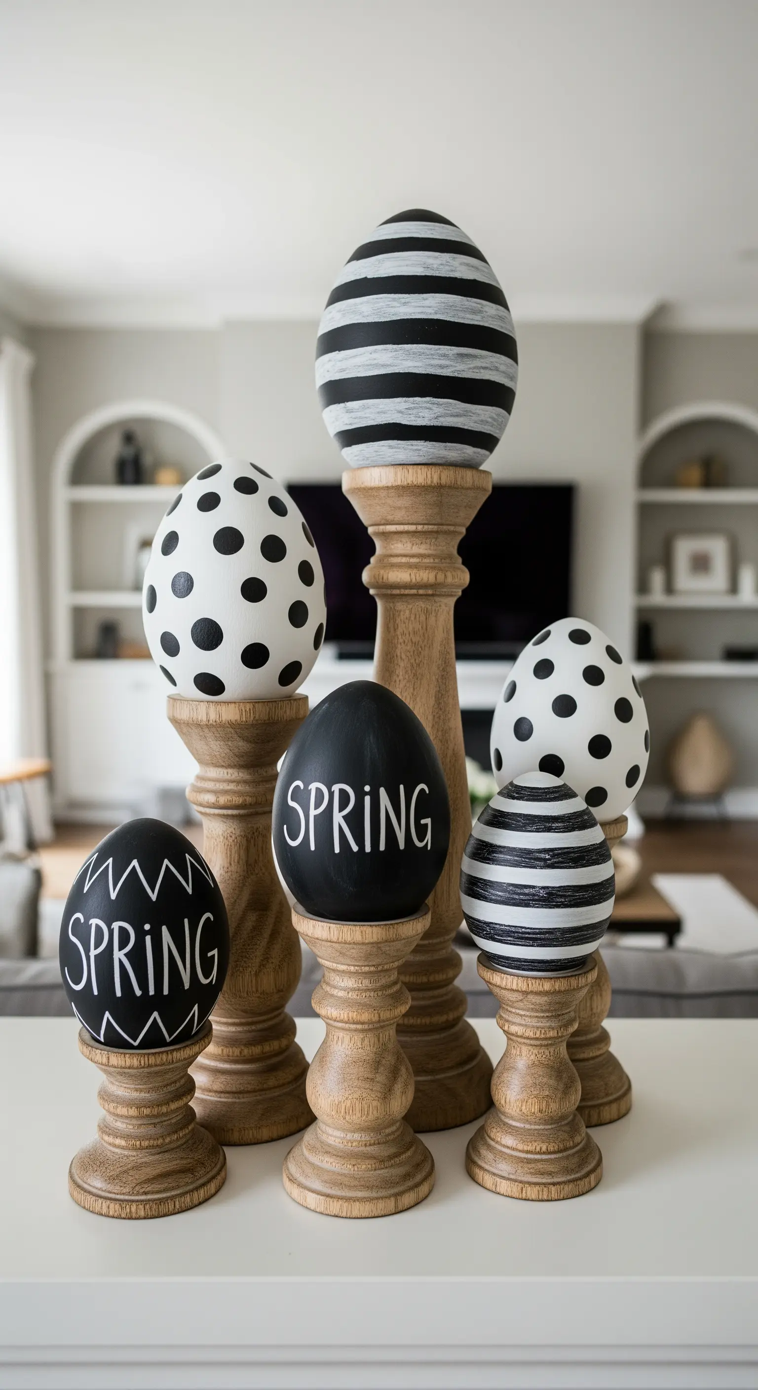 Schwarz-weiße grafische Eier auf Holzständern