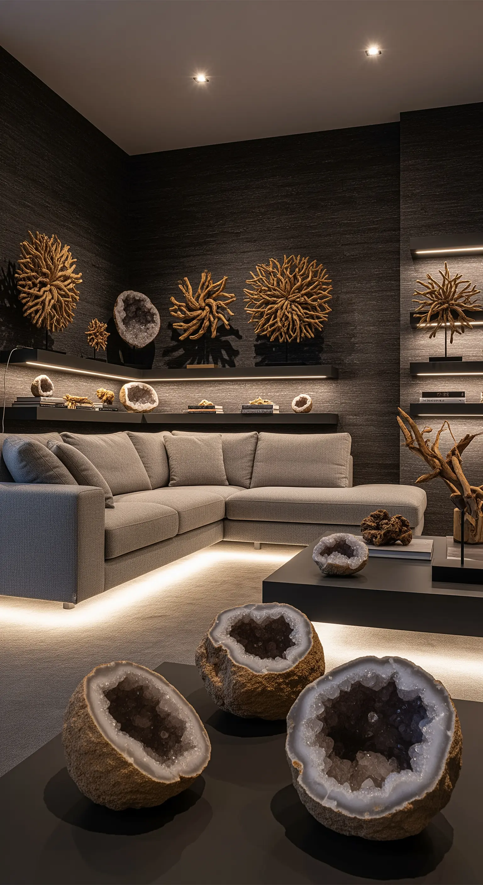 Modernes graues Sofa mit LED-Beleuchtung und Geoden-Deko