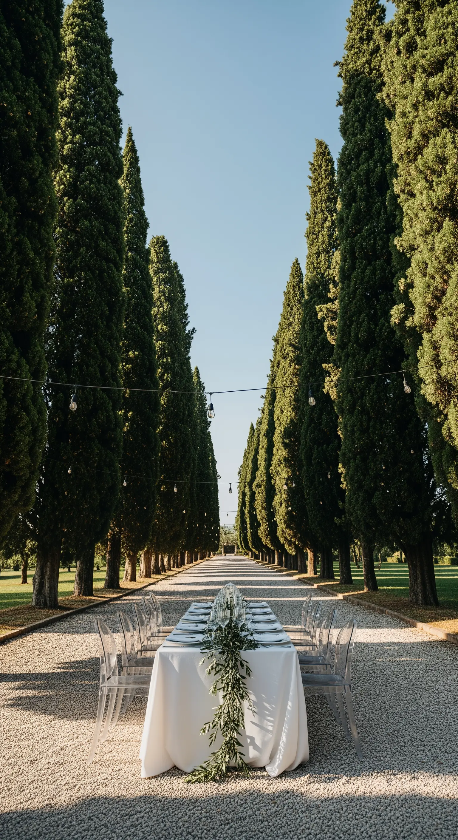 Lange weiße Tafel mit transparenten Stühlen in einer Zypressenallee