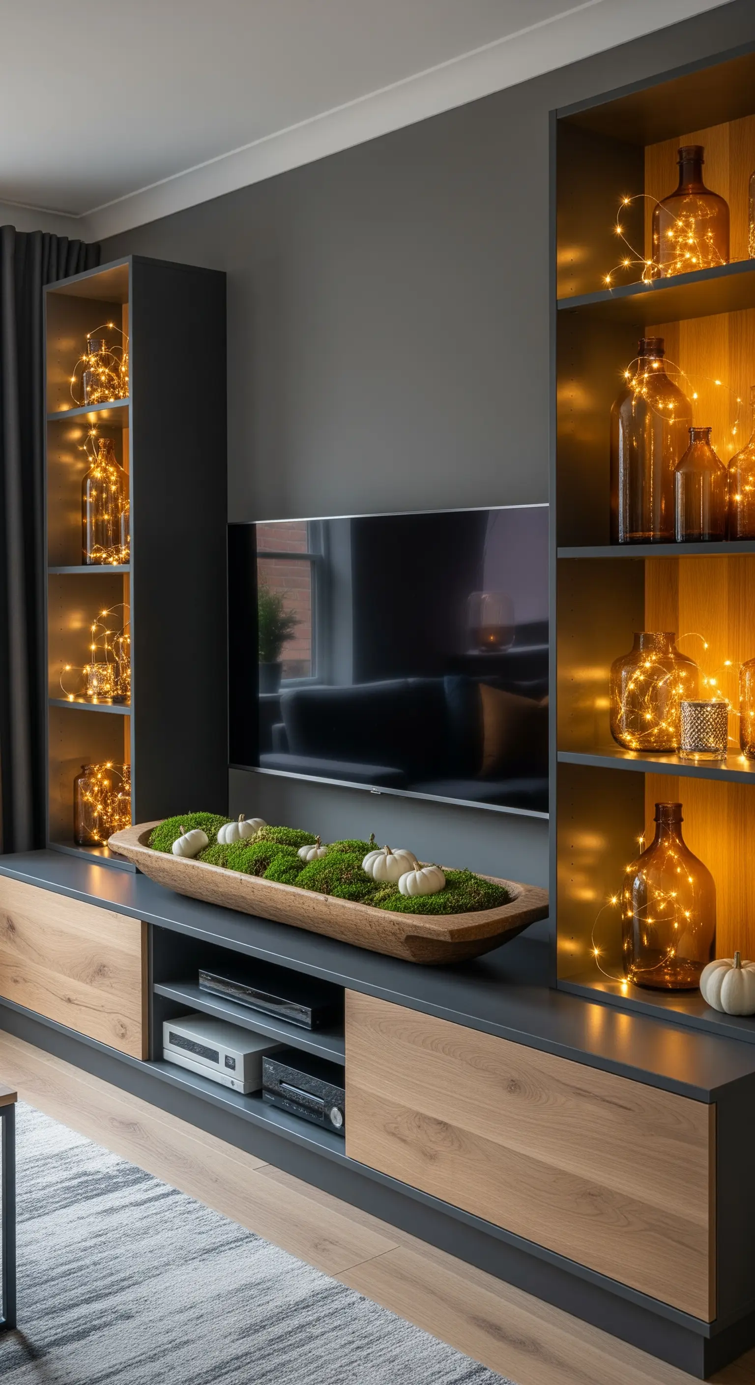 Moderne graue TV-Wand mit Mooschale und beleuchteten Glasflaschen im Regal
