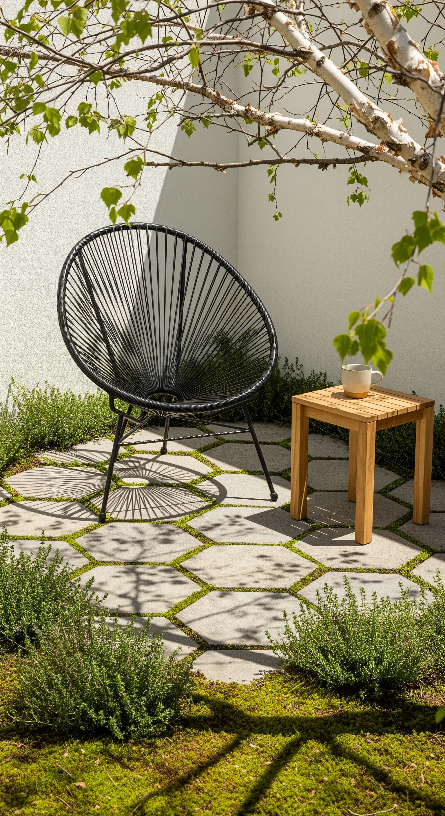 Hexagon Betonplatten in Moos eingebettet mit schwarzem Stuhl