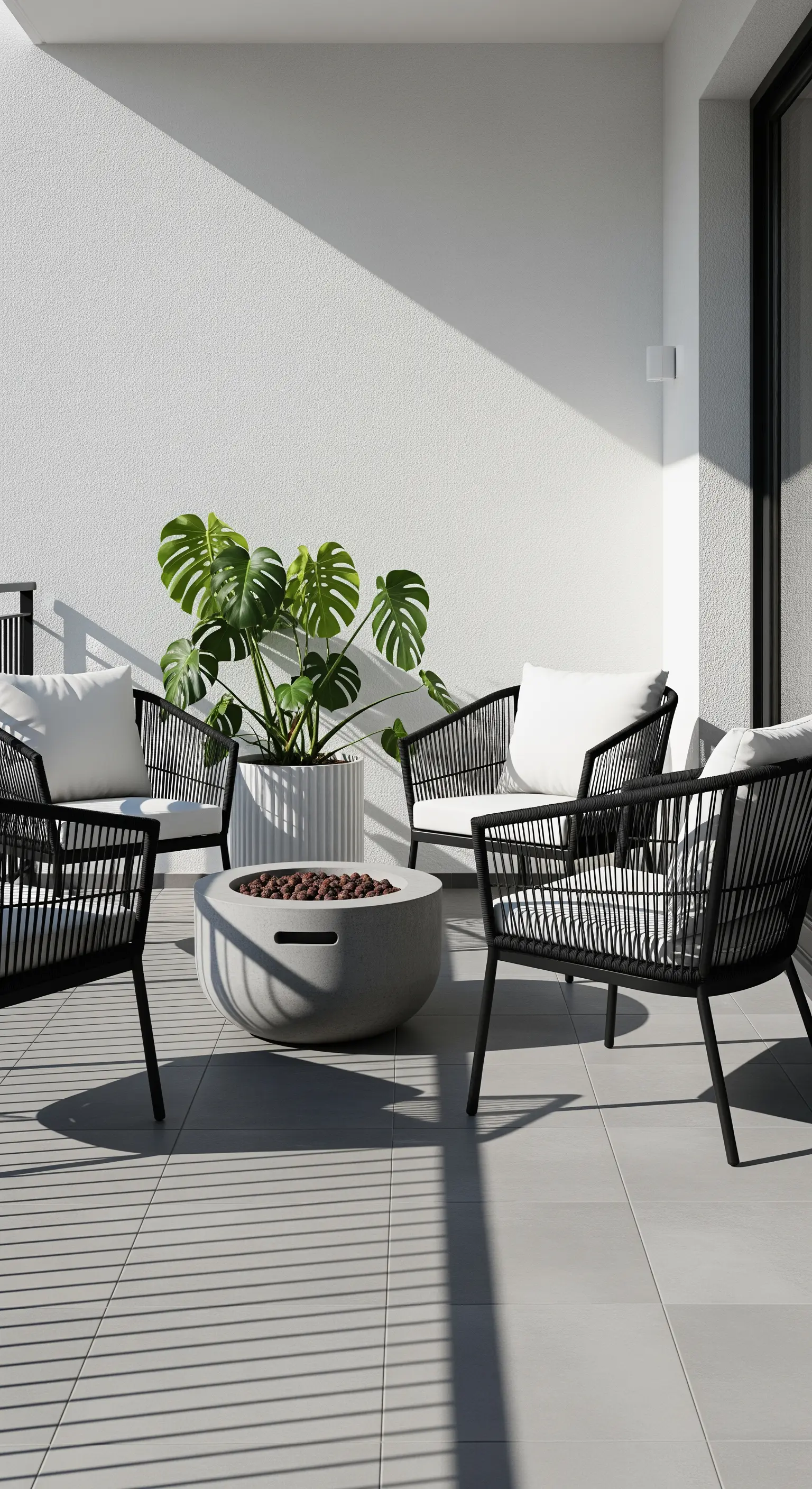 Moderne schwarze Rattan-Sessel und eine runde Beton-Feuerstelle auf hellem Balkon