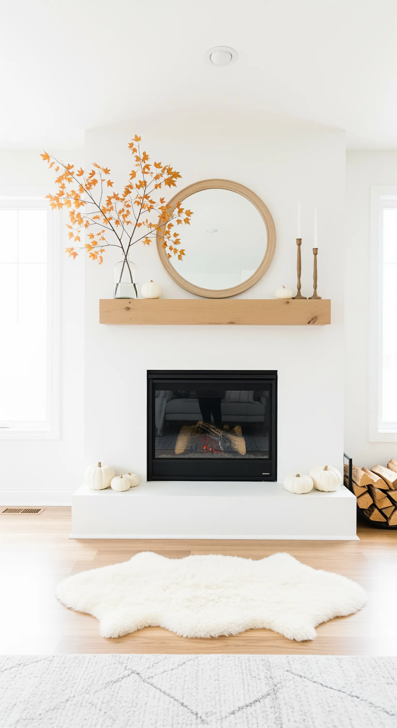 Scandi-Kamin mit rundem Spiegel und Herbstzweigen