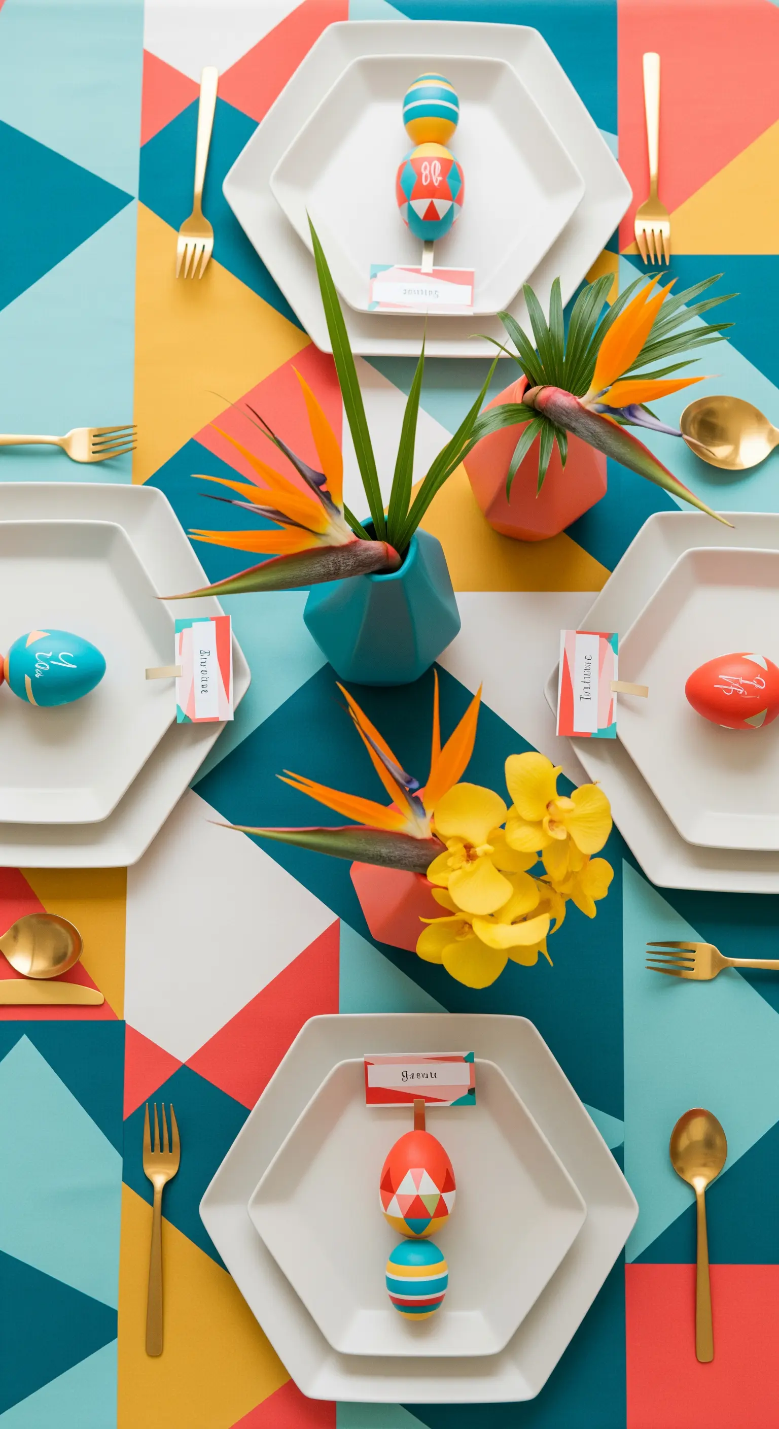 Grafischer Tisch mit geometrischen Mustern und knalligen Farben in Türkis, Orange und Gelb