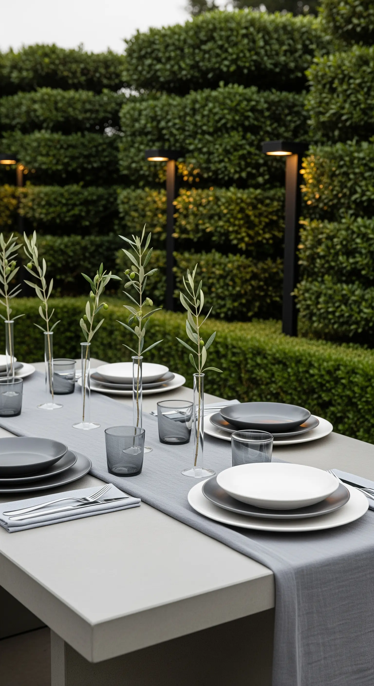 Graue Tischwäsche mit modernen Gläsern und minimalistischem Geschirr