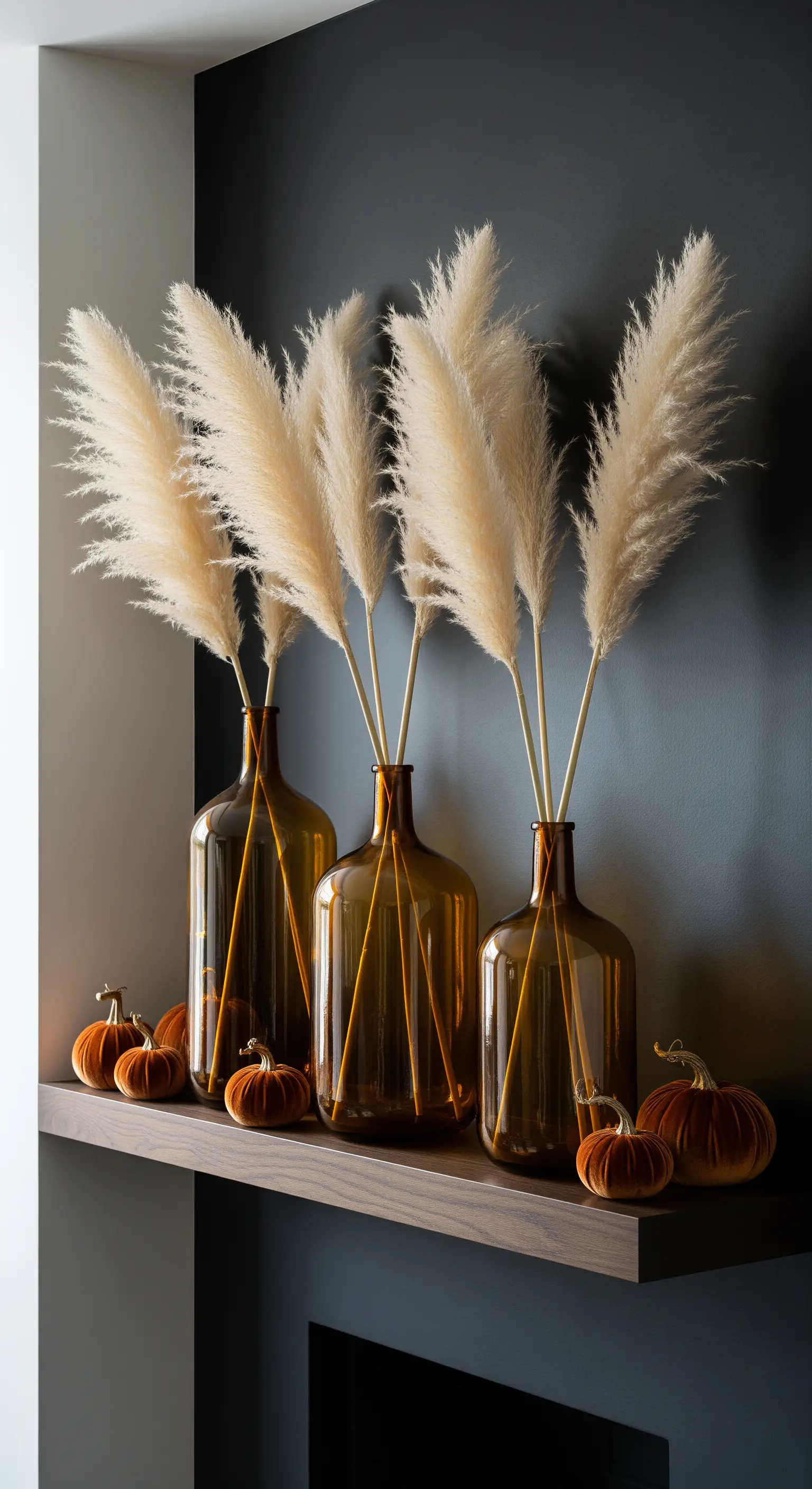 Pampasgras in großen braunen Flaschen vor dunkler Wand
