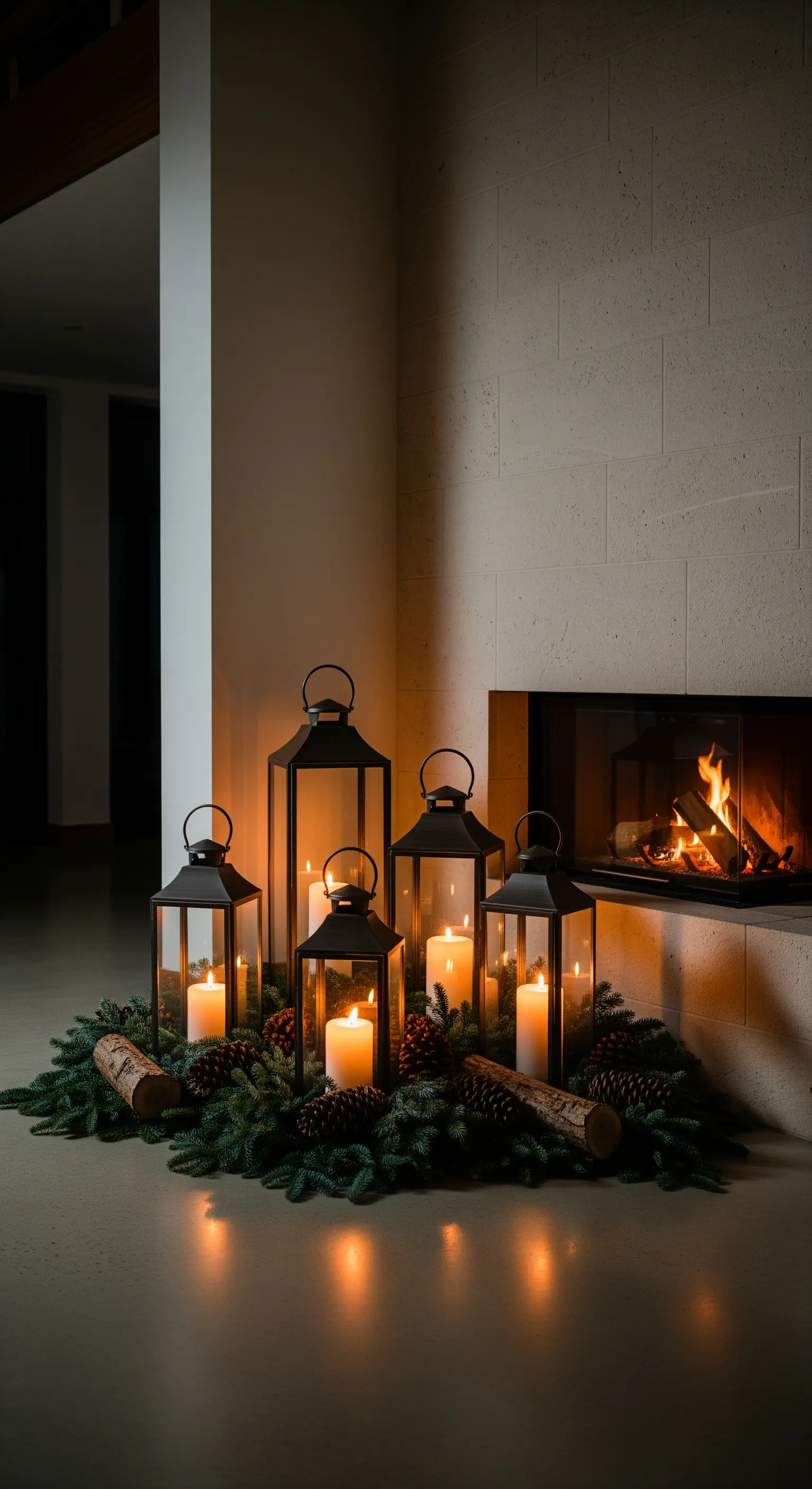 Sechseckige Beton-Module als Kerzenhalter mit Kieselsteinen und Sukkulenten