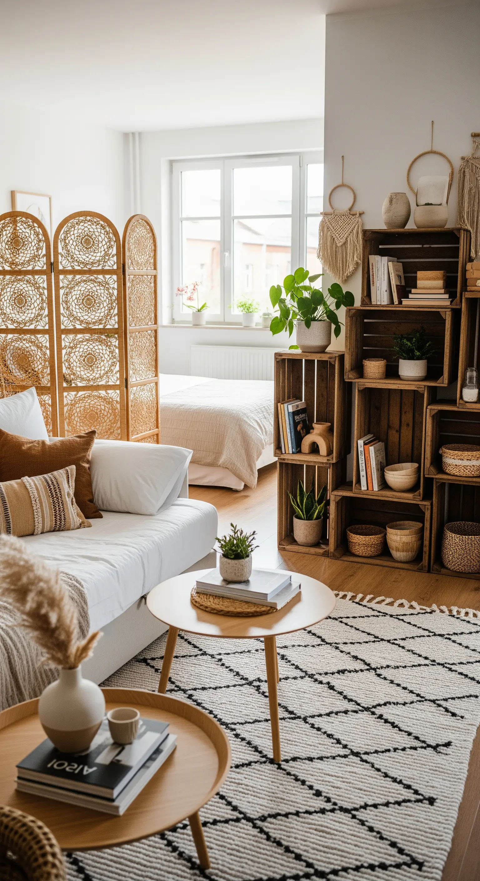 Raumteiler aus gestapelten Holzkisten mit Pflanzen und Büchern