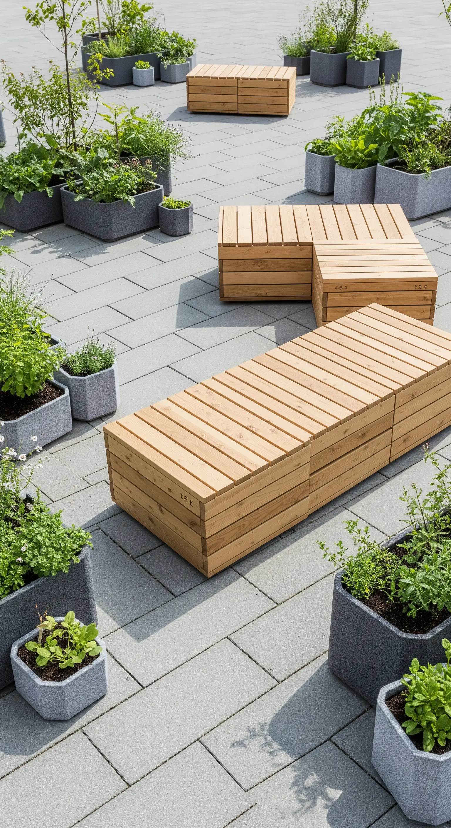 Modulare Sitzbank mit integrierten Kräutertöpfen