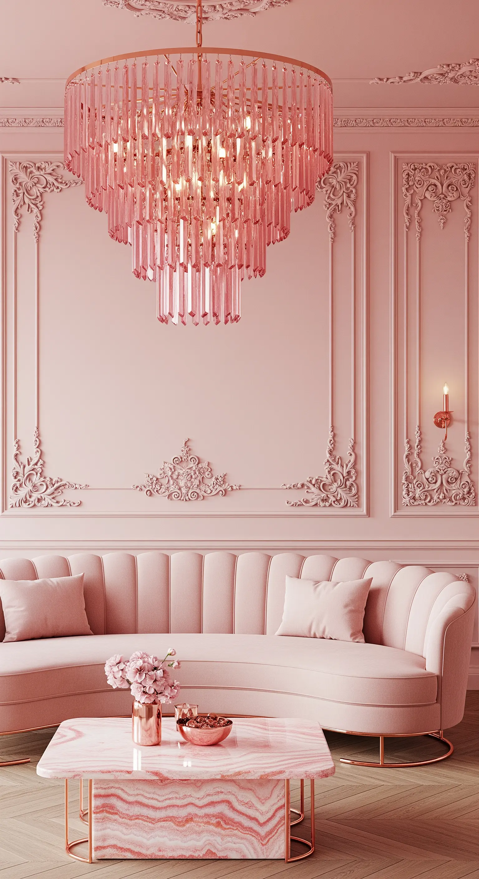 Komplett rosa Wohnzimmer mit Marmortisch und Kronleuchter