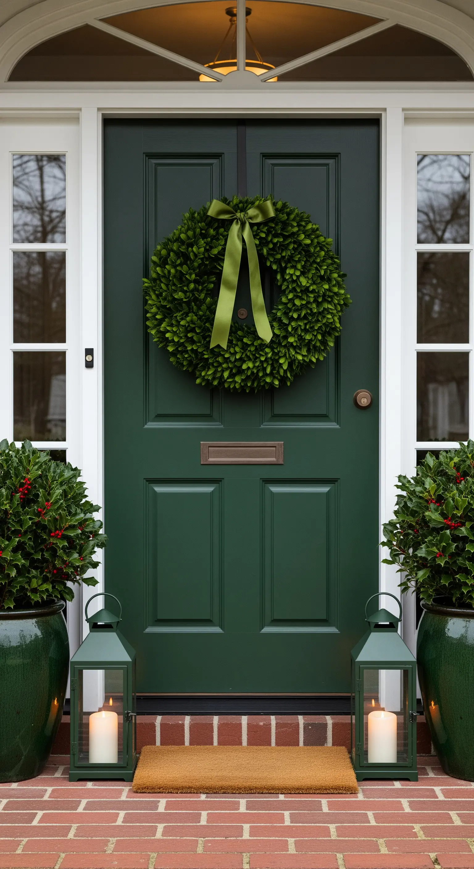 Dunkelgrüne Tür mit Buchsbaumkranz und grünen Töpfen