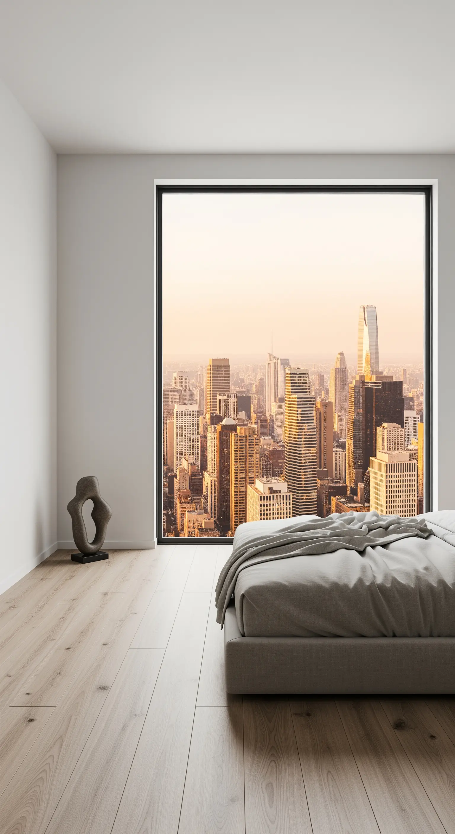 Helles, minimalistisches Schlafzimmer mit Holzfußboden und Skulptur am Fenster