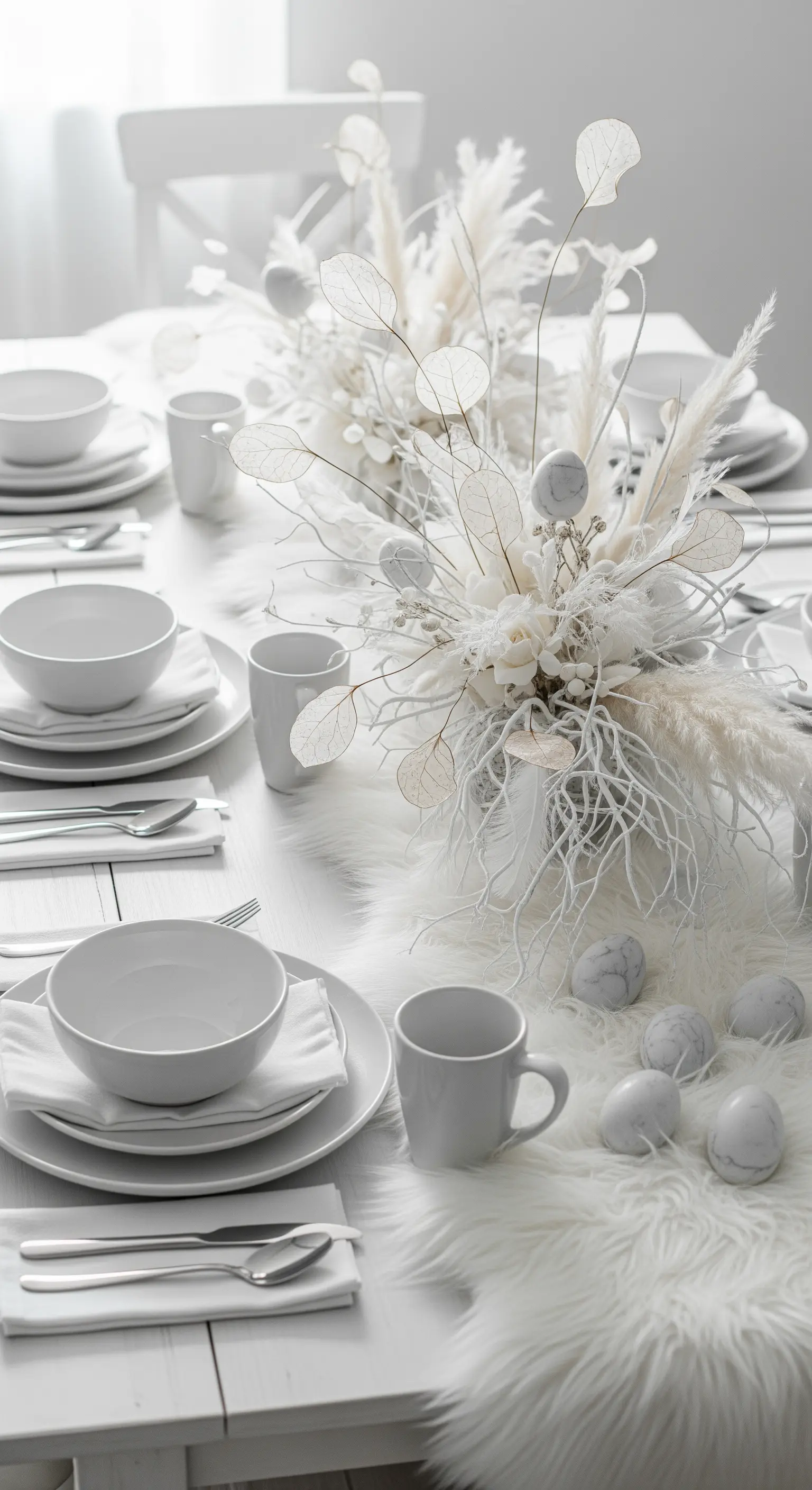 Komplett weißer Tisch mit Fellen, weißen Trockenblumen und marmorierten Eiern