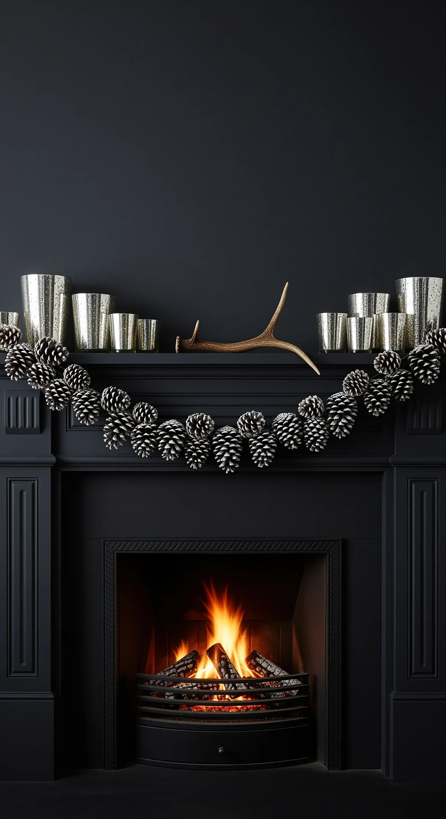 Schwarzer Kamin mit Zapfengirlande und silbernen Windlichtern