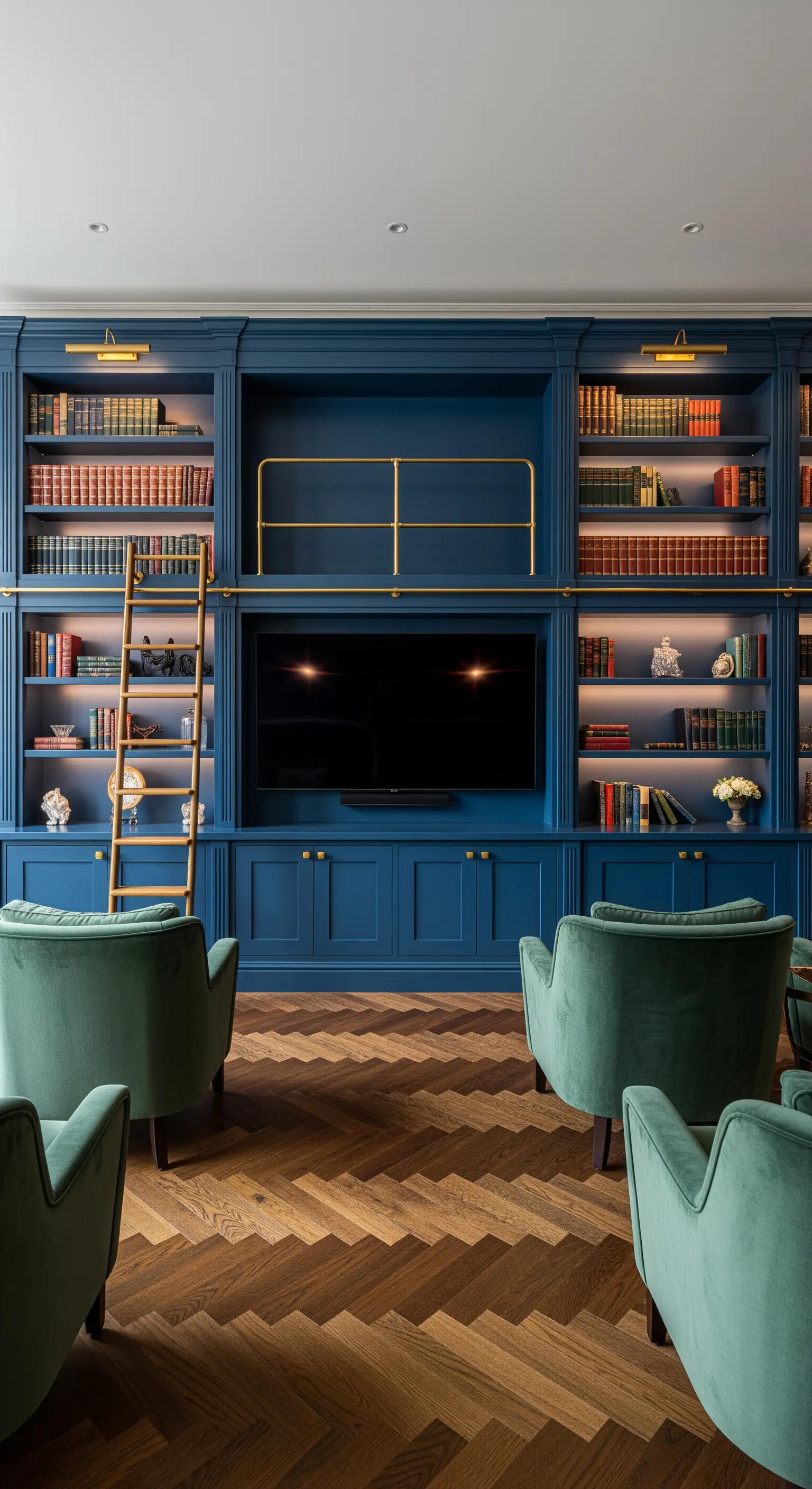 Dunkelblaue Bücherwand mit Messing-Leiter