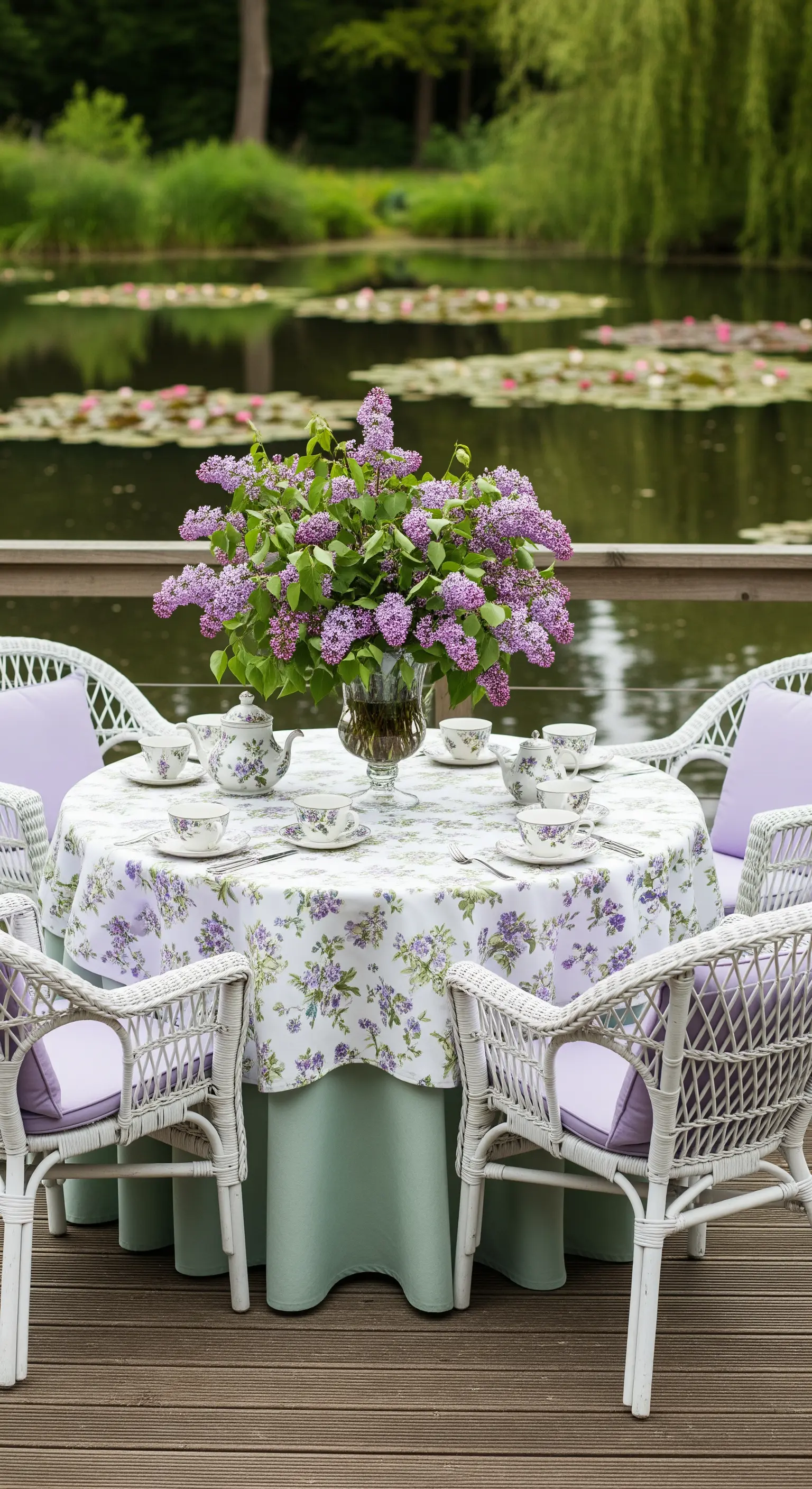 Runder Tisch am Wasser mit großem Fliederstrauß und floraler Decke