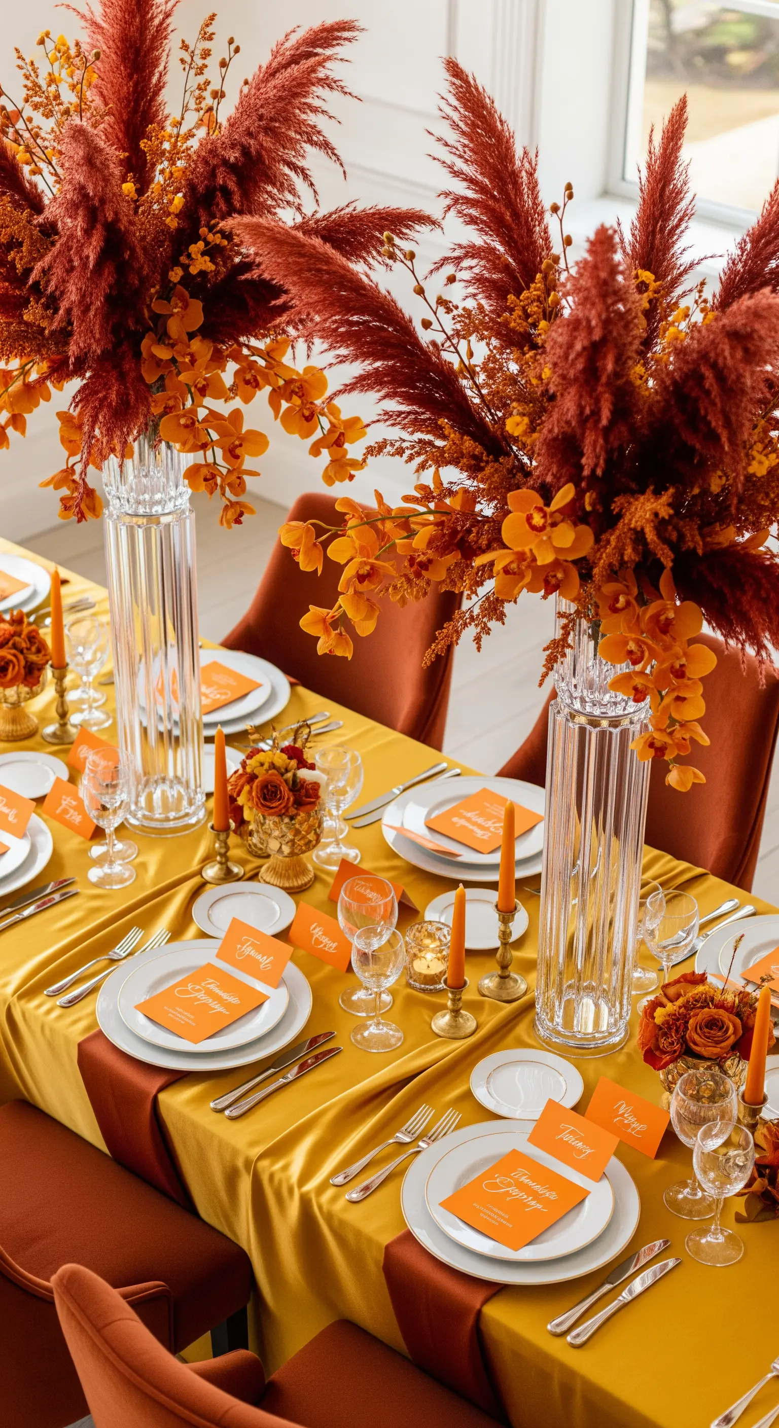 Hohe Kristallvasen mit rotem Pampasgras auf goldenem Tisch