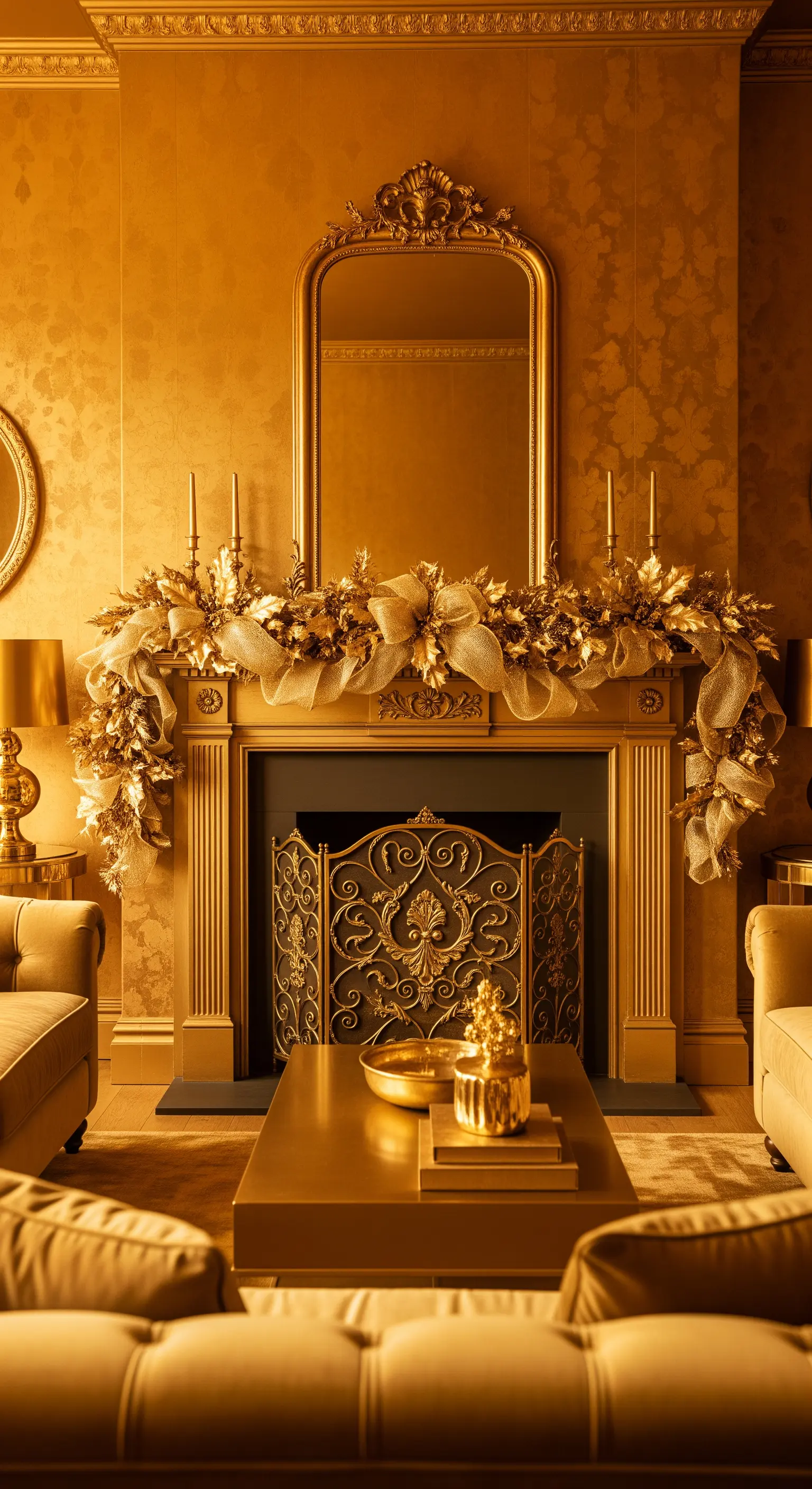 Komplett goldener Raum mit Kamin, Spiegel und üppiger Girlande aus Goldgewebe und Schleifen.