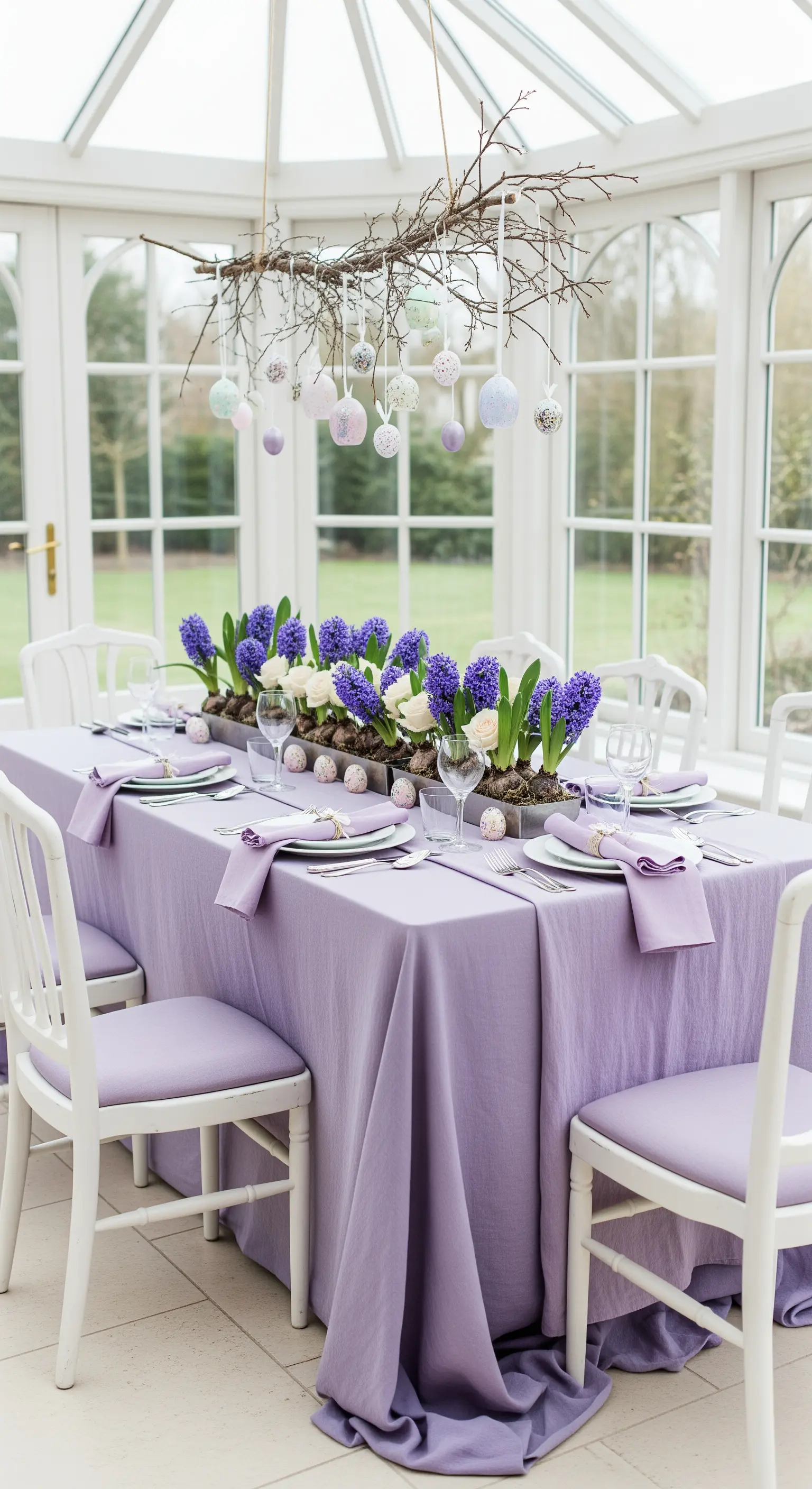 Lavendelfarbene Tischdecke mit hängendem Ast und Hyazinthen