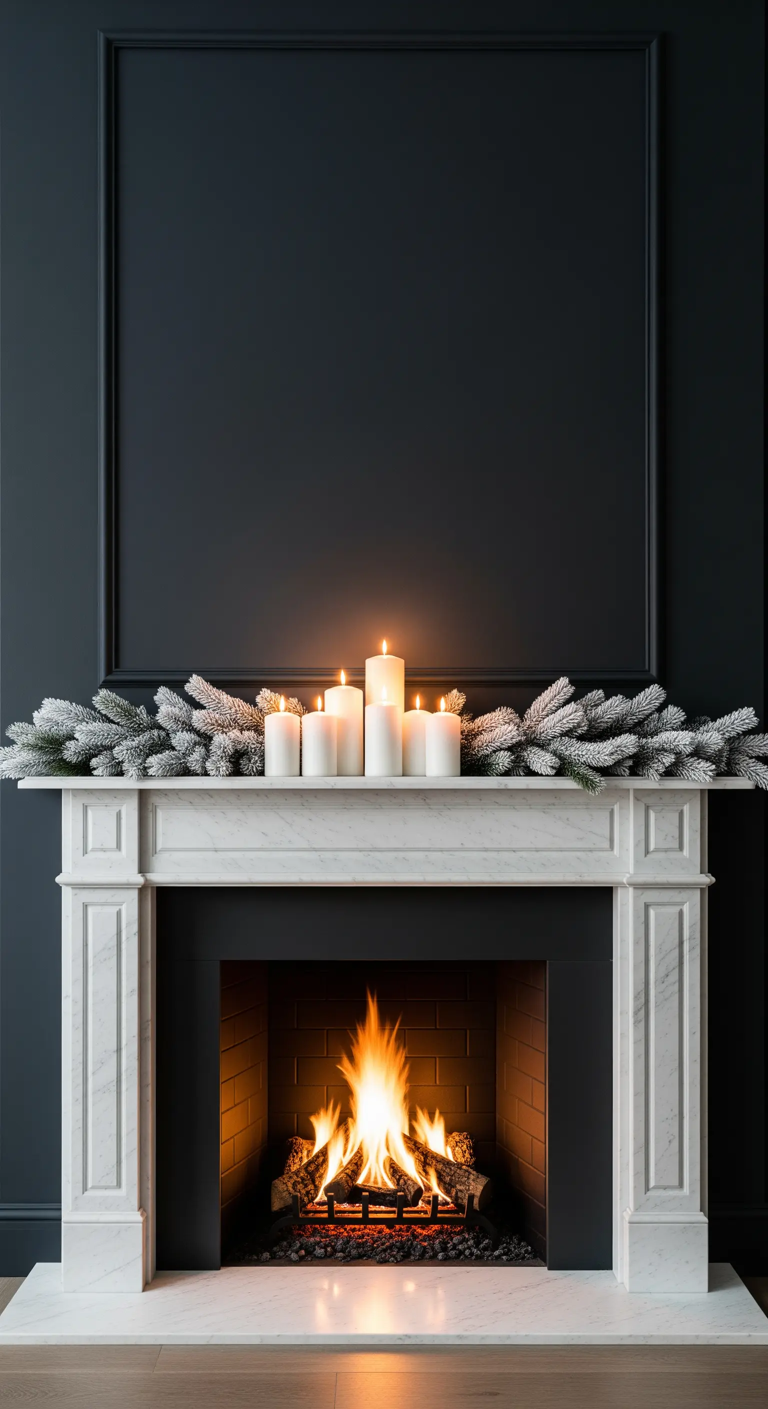 Gefrostete Girlande vor schwarzem Kamin