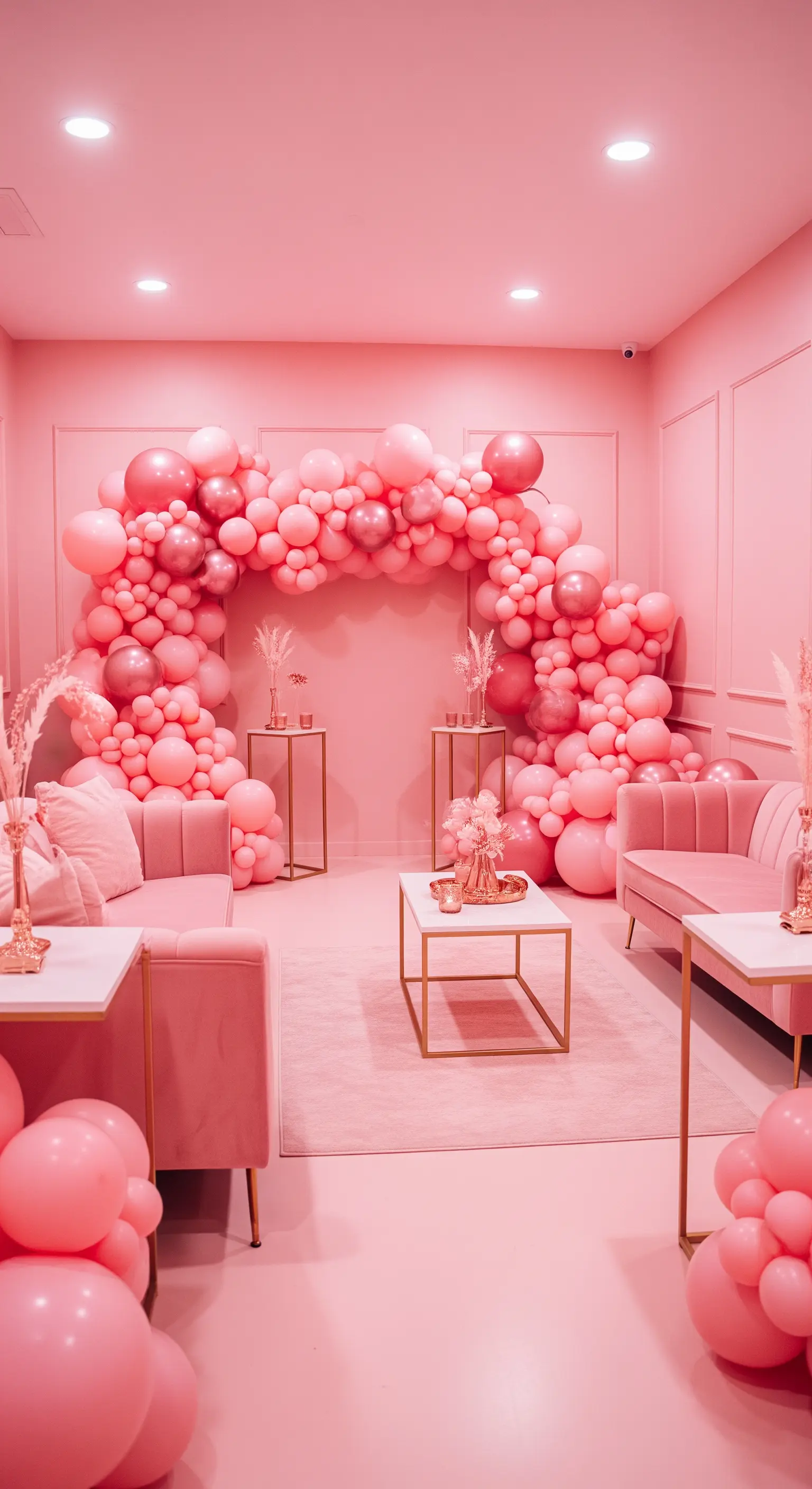 Pinker Raum mit Ballonbogen und Samtsofa