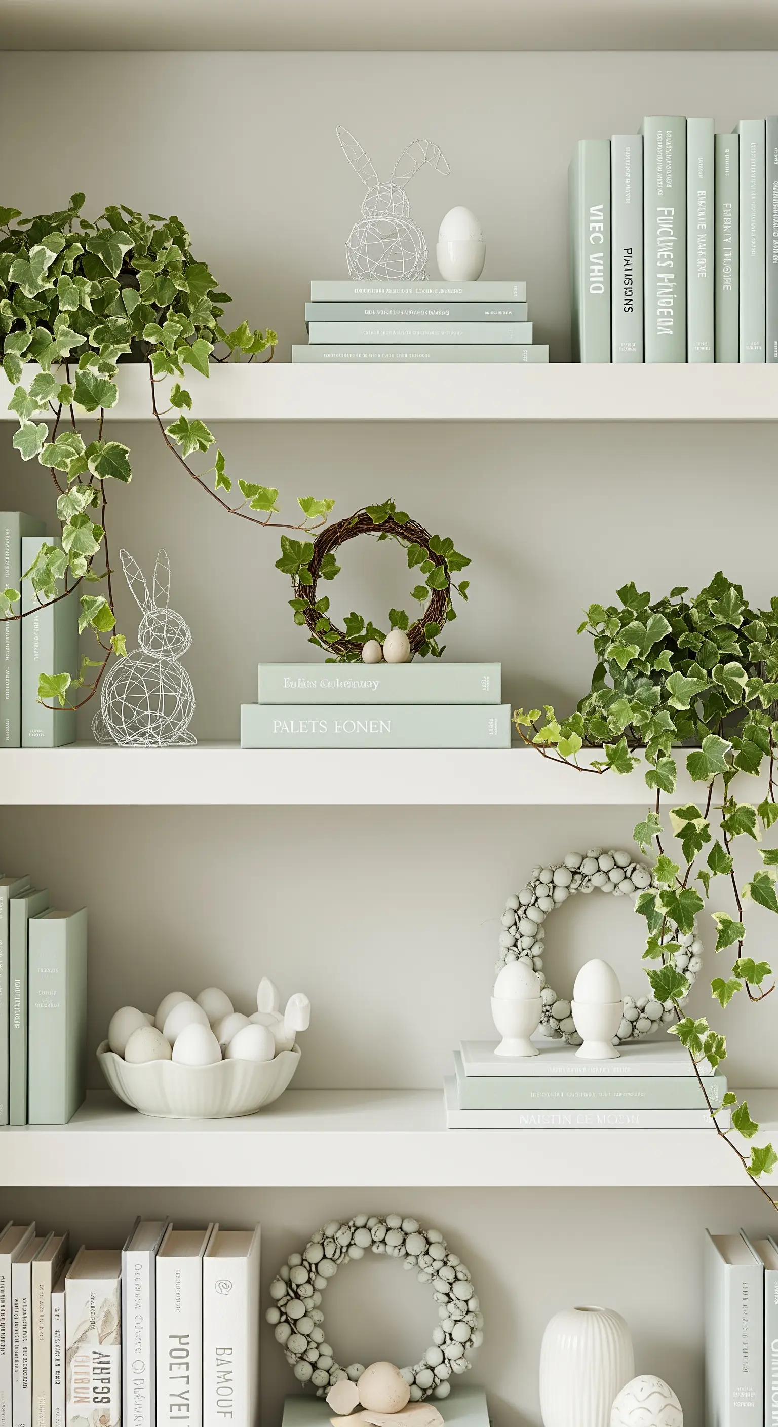 Weißes Regal mit grünen Büchern und Efeupflanzen