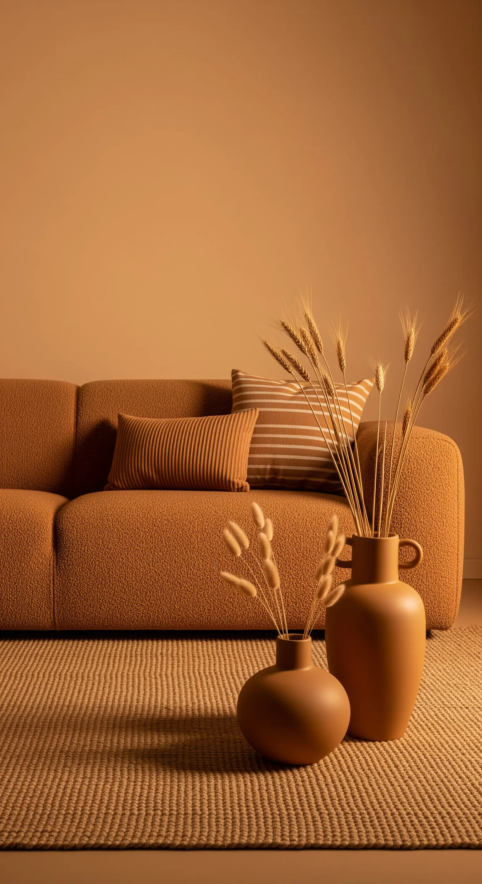 Wohnzimmer komplett in Terrakotta-Tönen gehalten