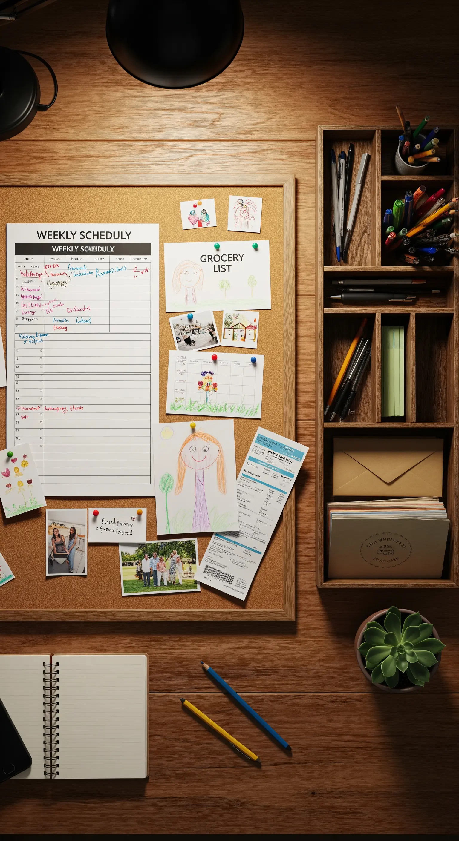 Schreibtisch von oben mit Kork-Pinnwand und Wochenplaner