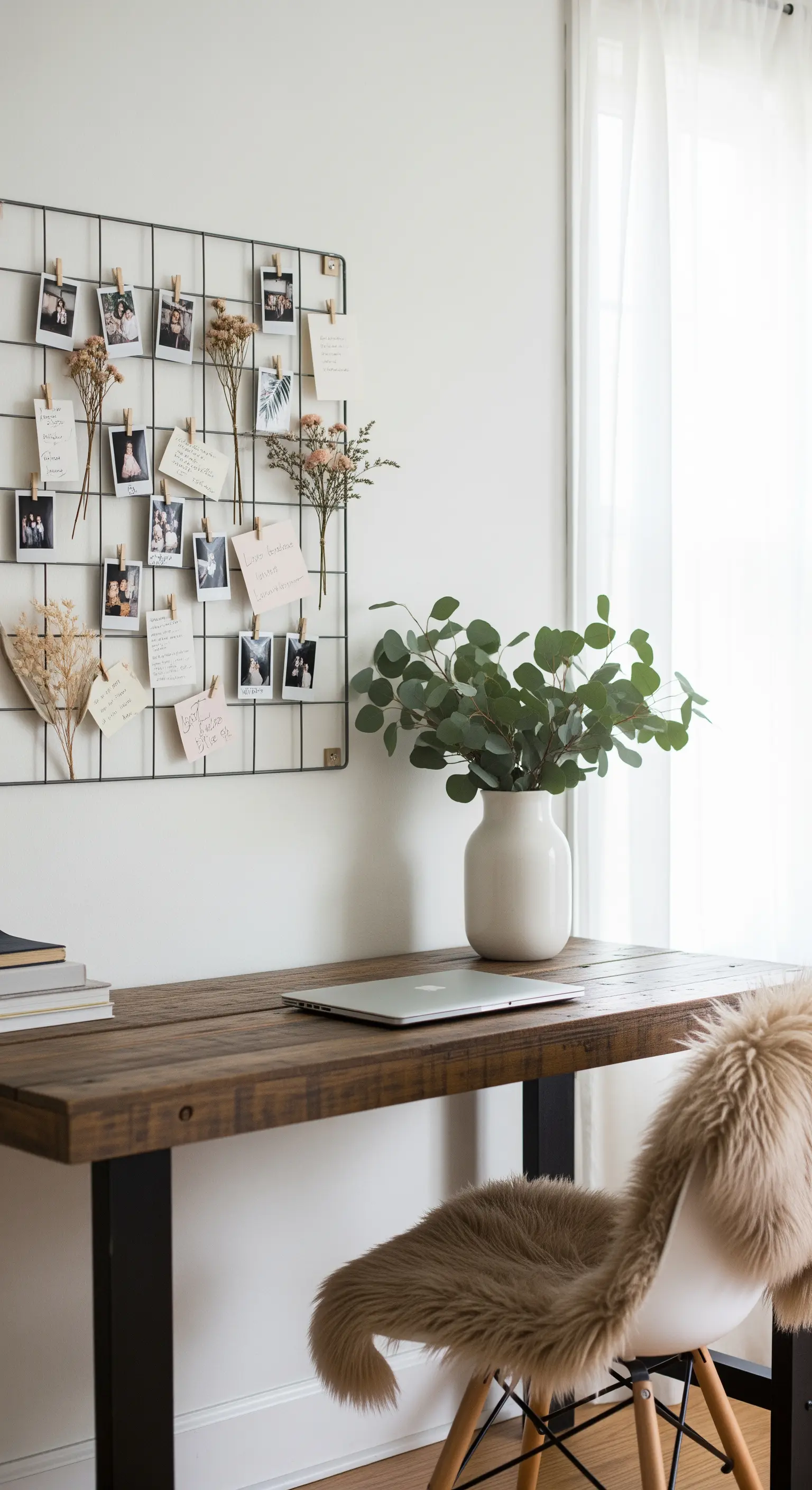 Schreibtisch mit Wandgitter voller Fotos und Trockenblumen