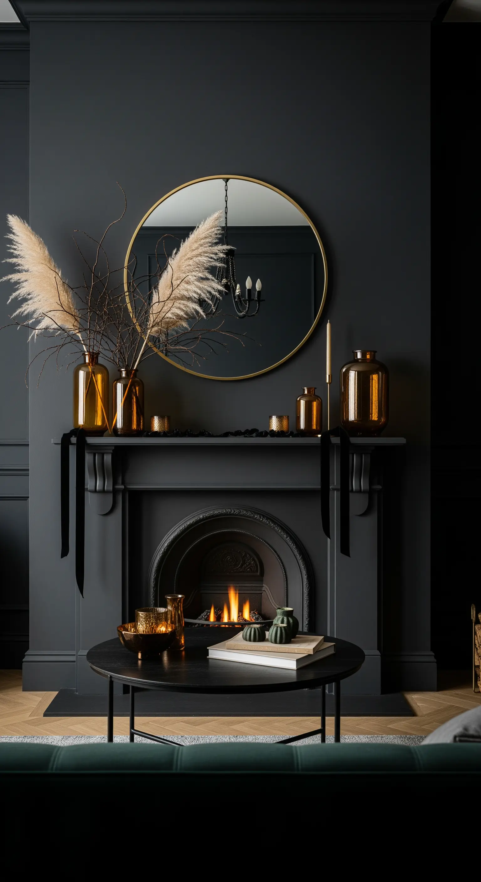 Schwarzer Kamin mit Bernsteinglas-Vasen und Trockenblumen