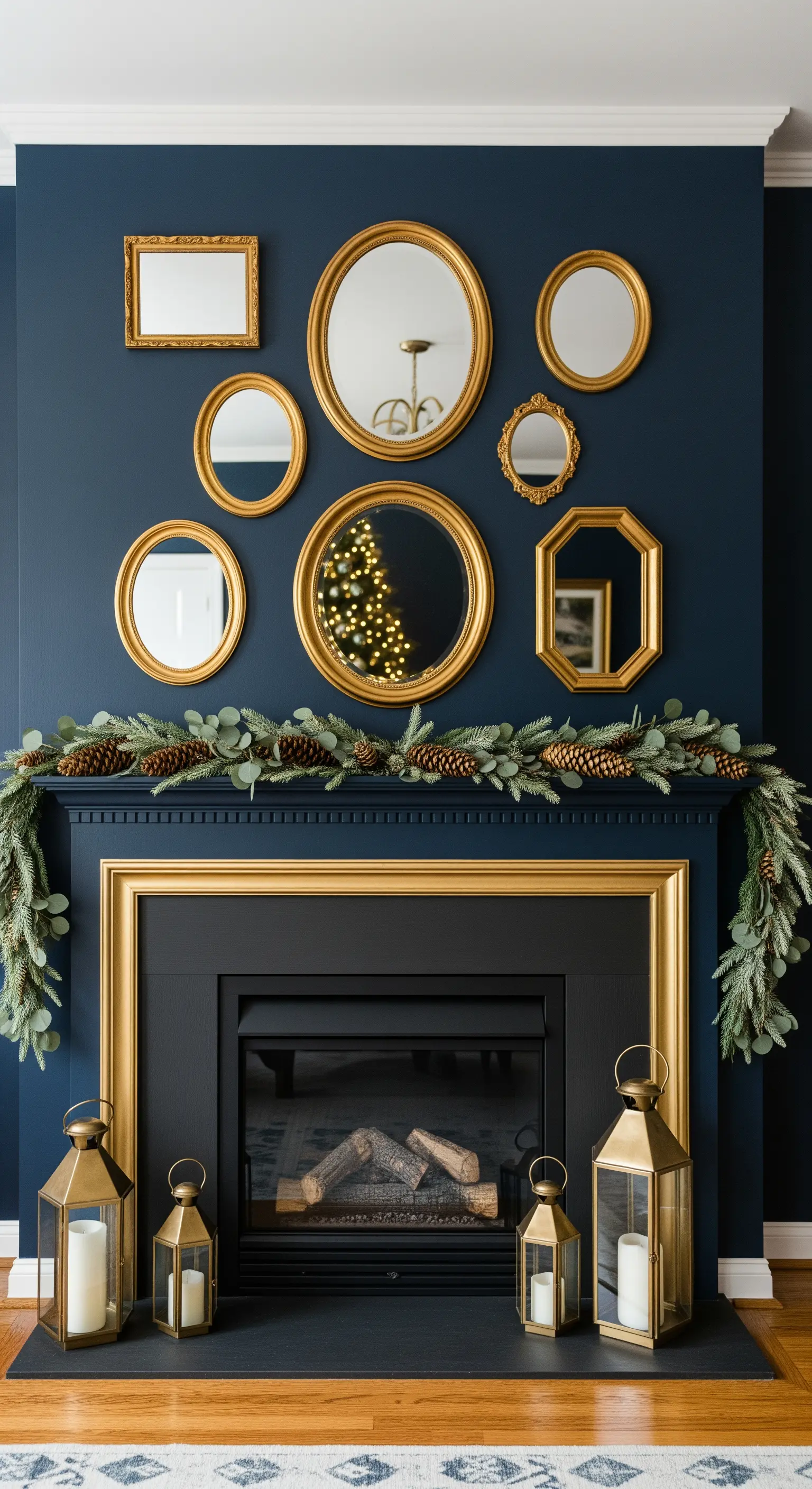 Dunkelblaue Wand mit vielen goldenen Bilderrahmen über einem Kamin mit Eukalyptus-Girlande.