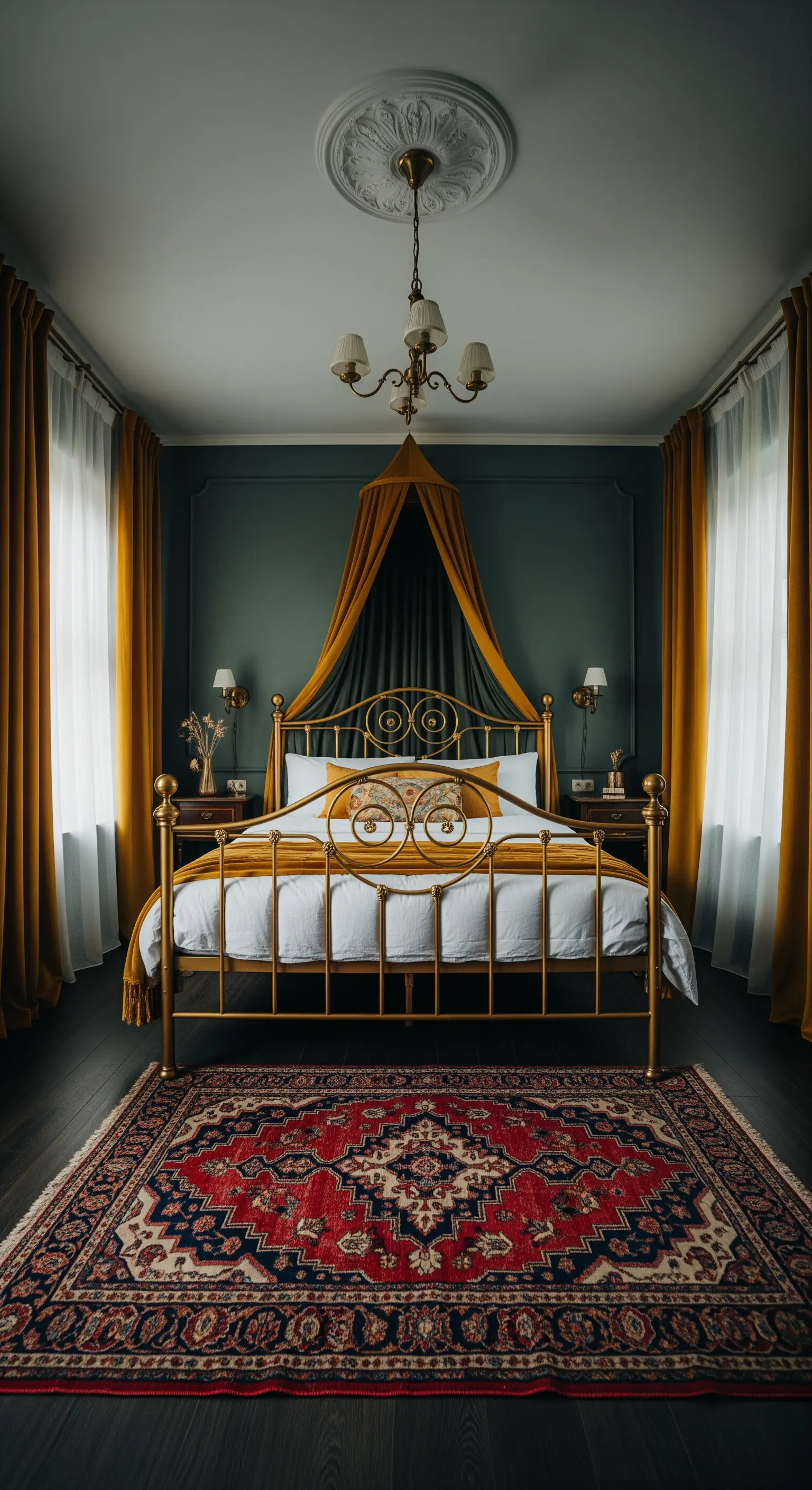 Dunkelgrünes Schlafzimmer mit goldenem Metallbett und Baldachin