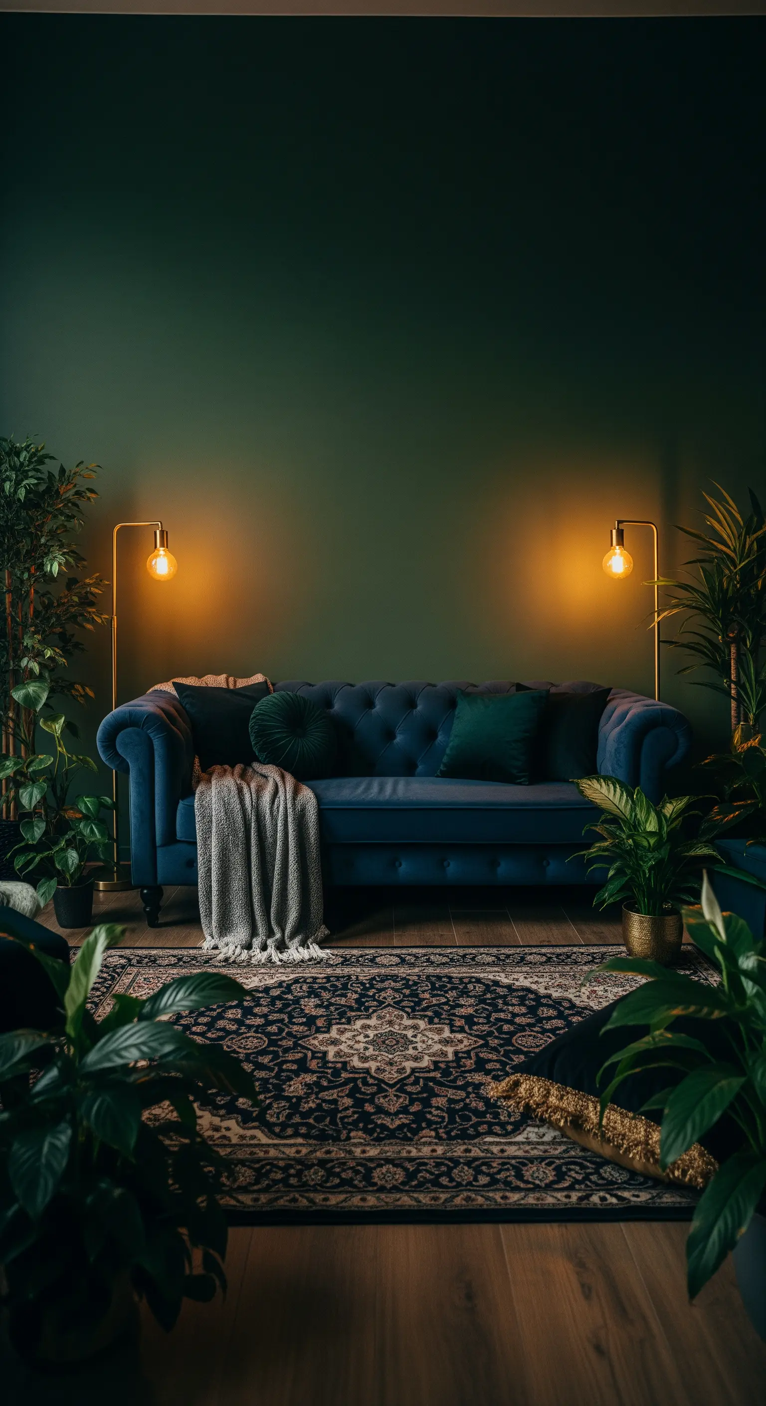 Dunkelgrünes Wohnzimmer mit blauem Samtsofa und warmen Lampen