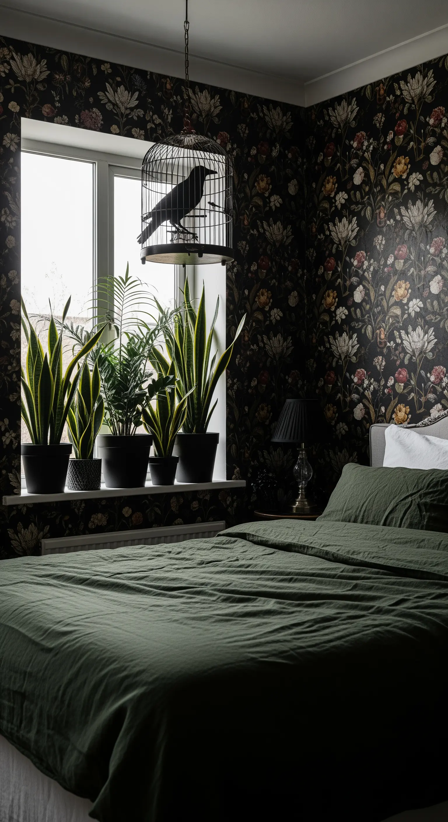 Dunkle Blumentapete mit Pflanzen und Vogelkäfig-Lampe