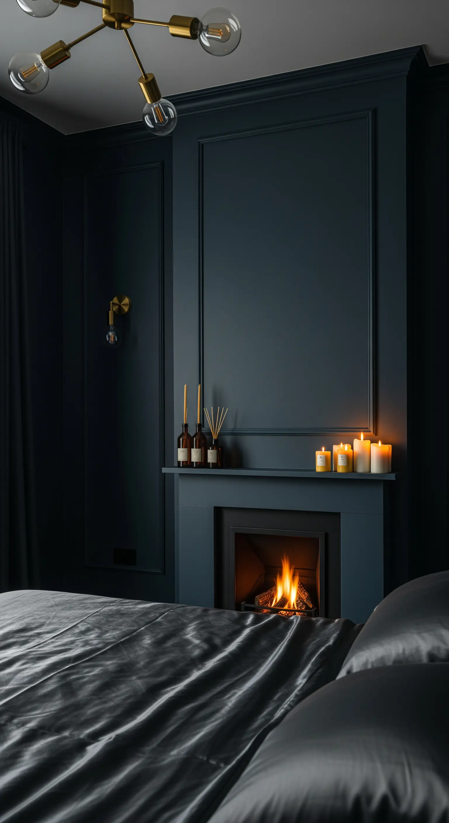 Dunkelblaues Schlafzimmer mit Kaminfeuer und goldenen Kerzen