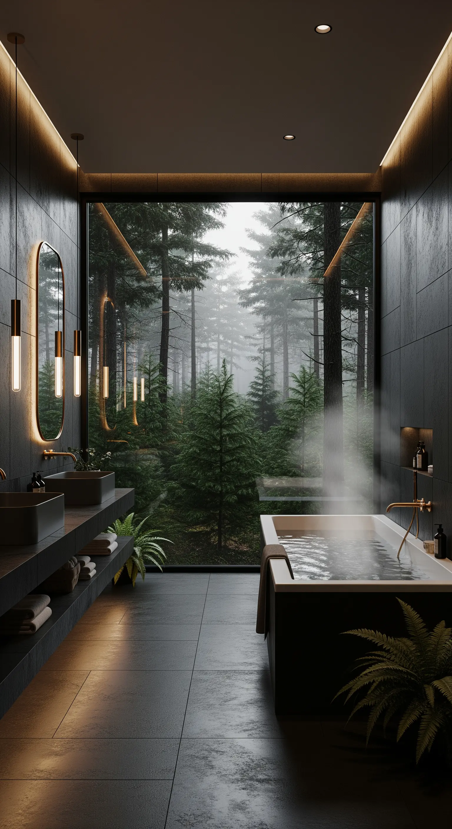 Dunkles Bad mit Schieferwänden und Blick in nebligen Wald