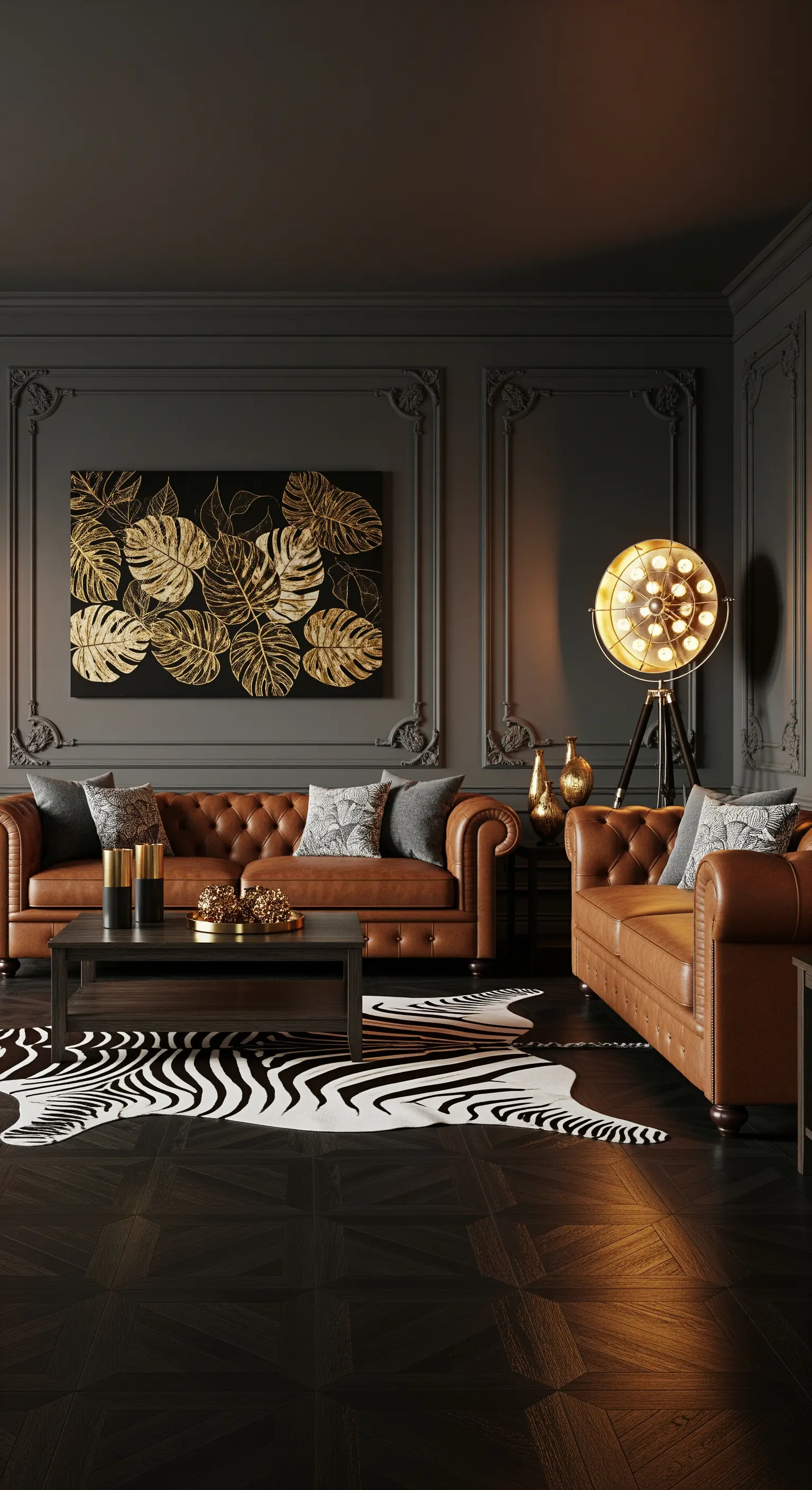 Dunkles Wohnzimmer mit Chesterfield-Sofa und Zebrafell