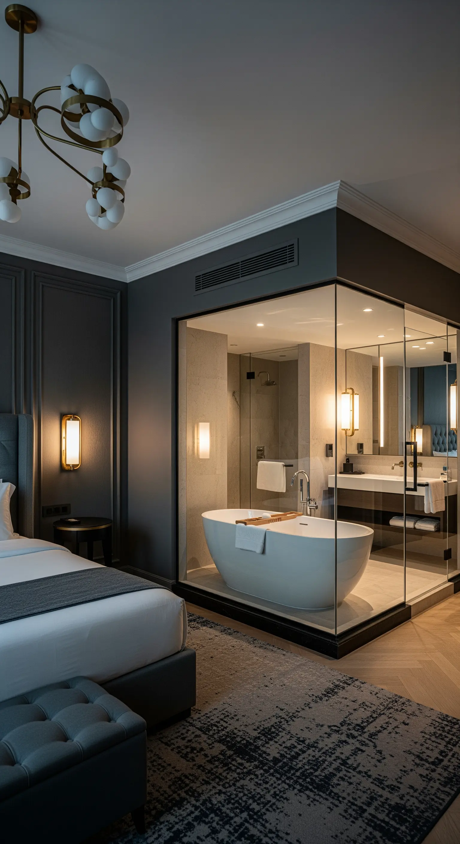 Dunkles Schlafzimmer mit integriertem Glas-Badezimmer-Würfel