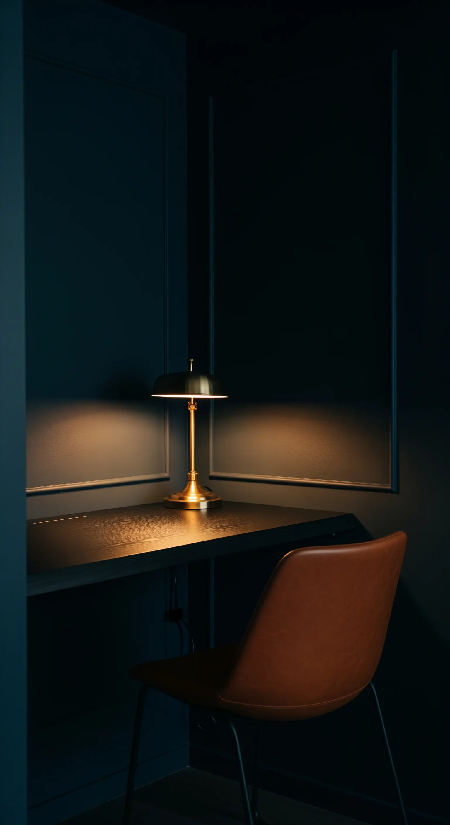 Dunkelblaue Wandecke mit schwarzem Tisch und Lederstuhl