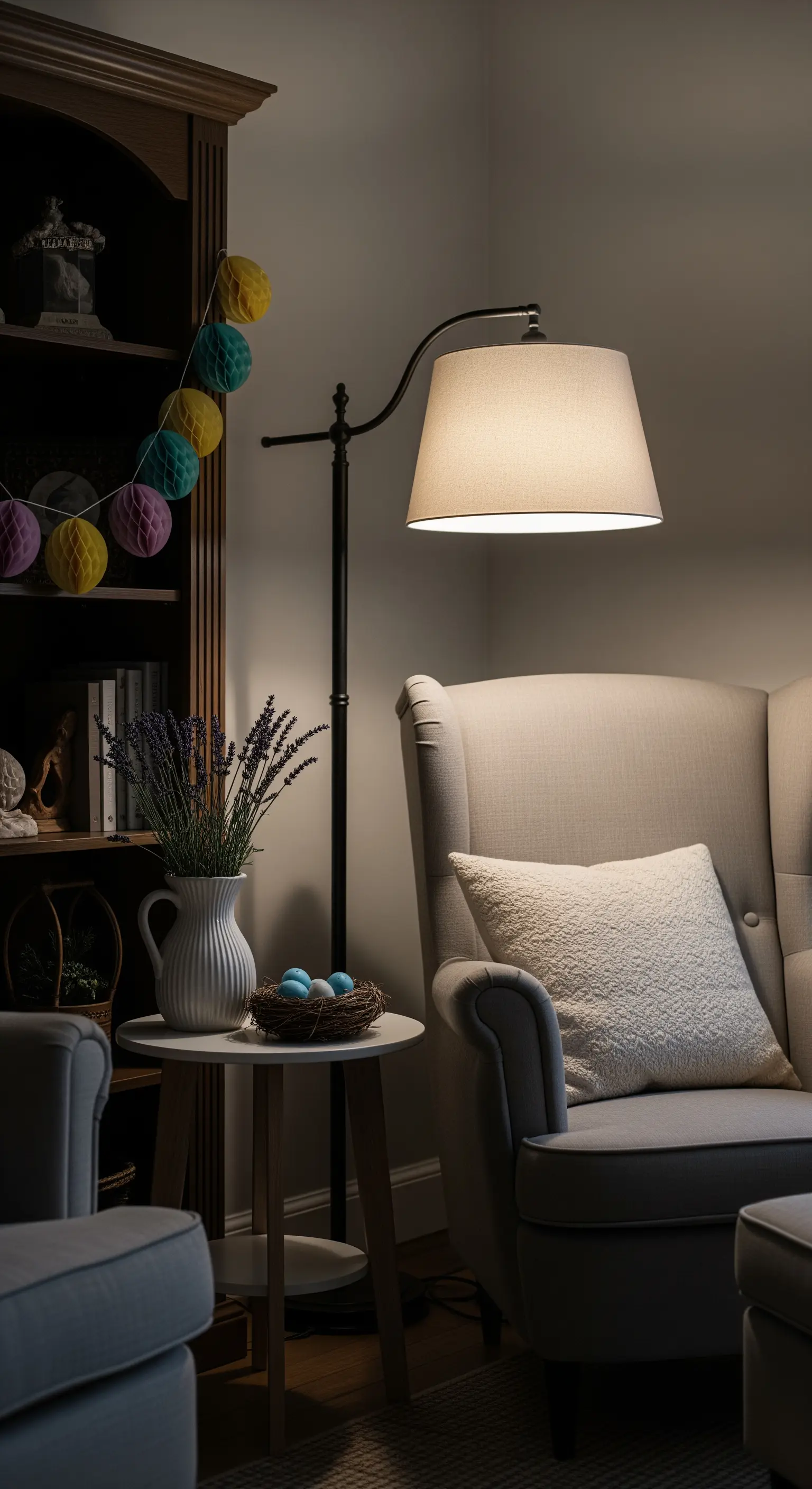 Dunkles Regal mit Papier-Ostereiern und Lavendel