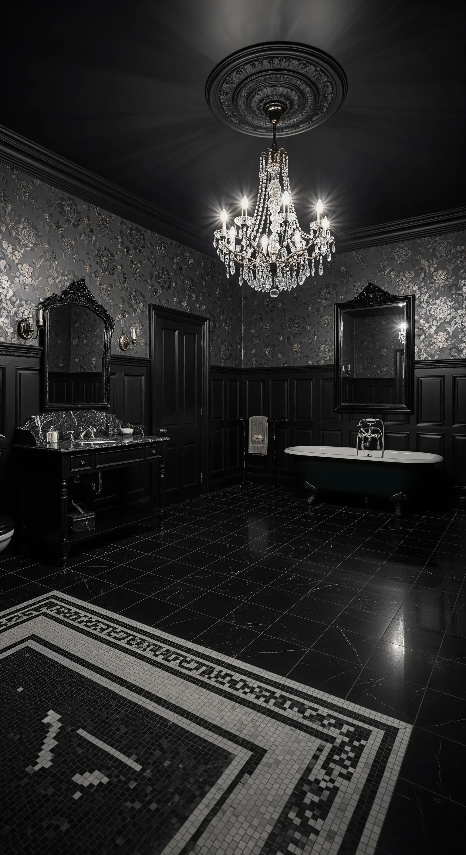 Dunkle florale Tapete und schwarzes Holzpanel