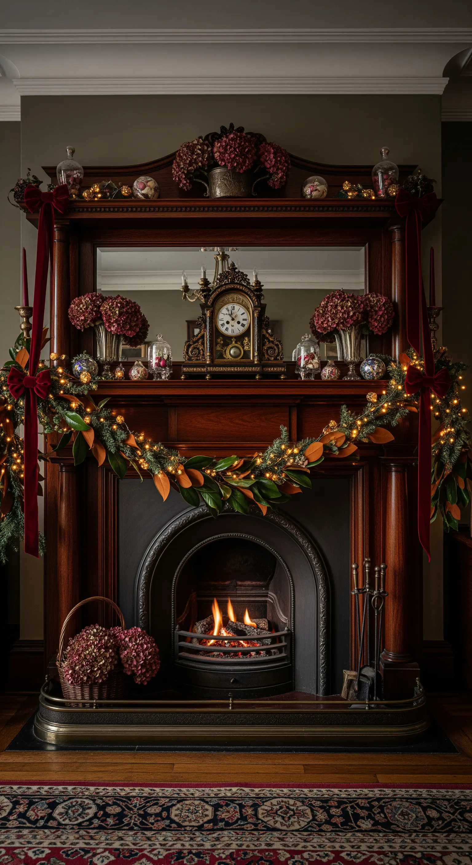 Viktorianische Kamindeko mit roten Schleifen und Trockenblumen