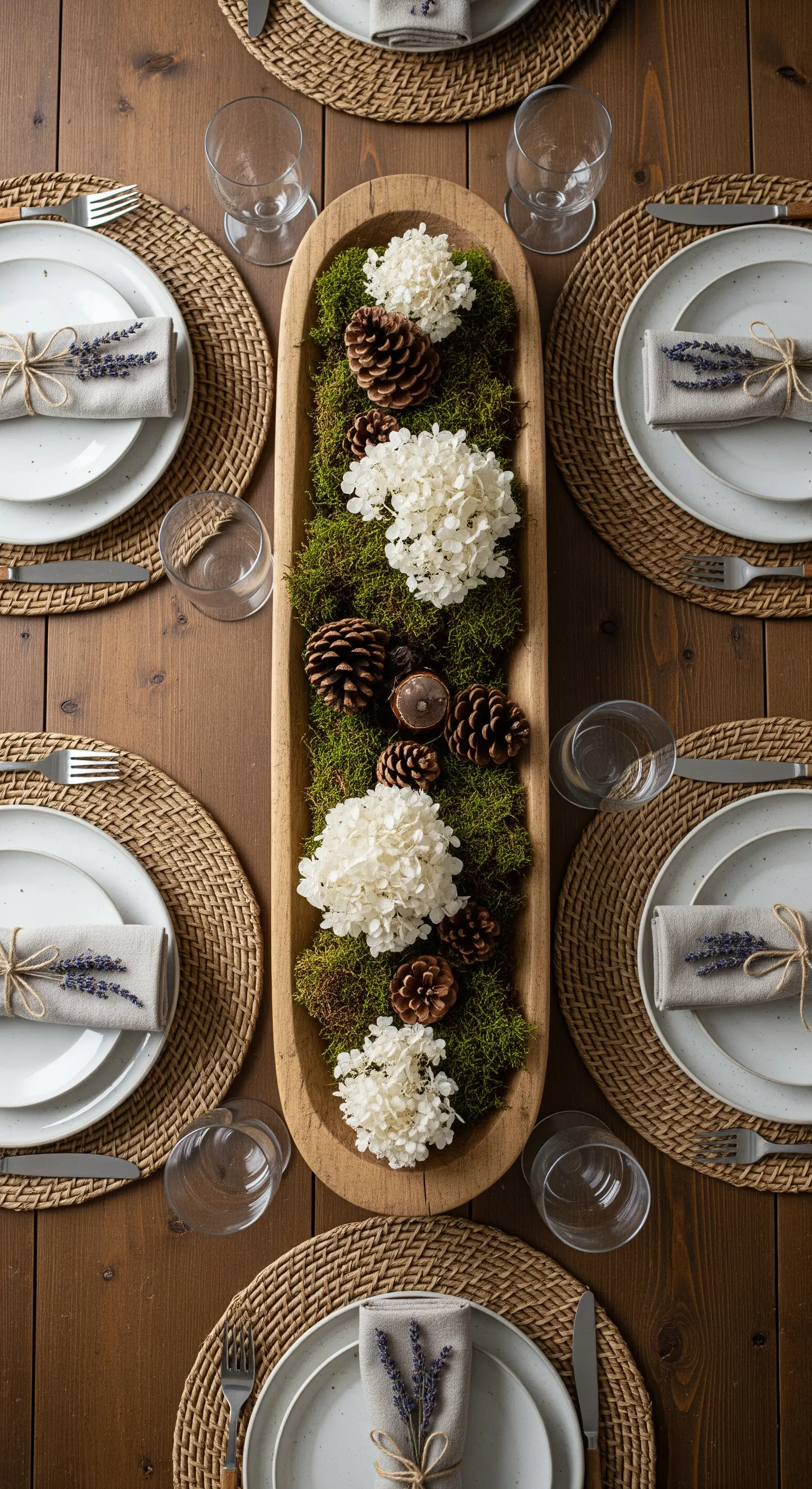 Lange Holzschale mit Moos und Hortensien als Tischdekoration