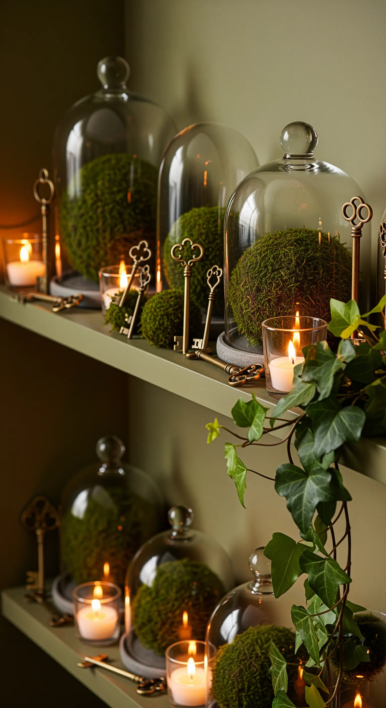 Mooskugeln unter Glasglocken mit Efeu auf Regal