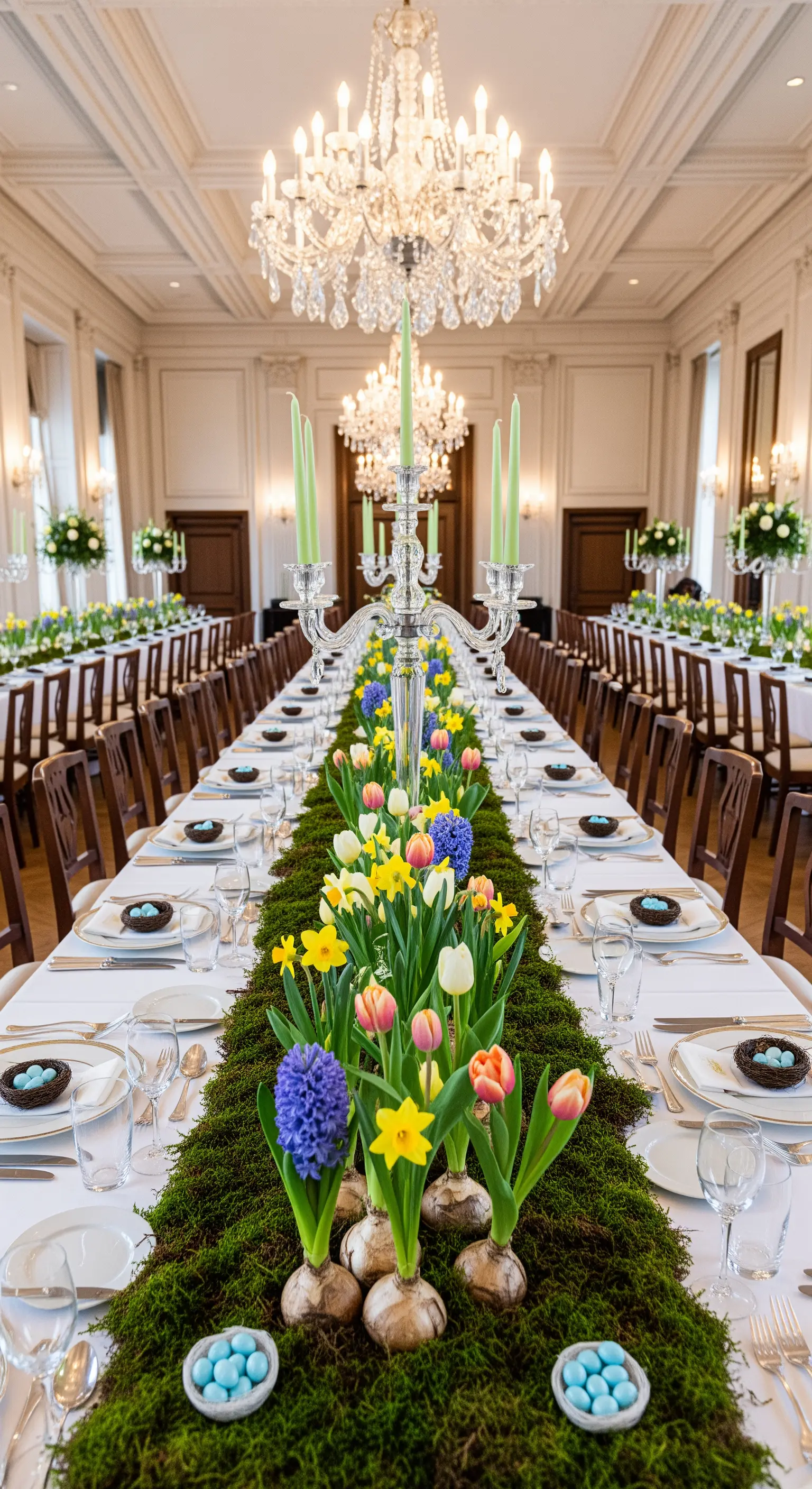 Langer Moos-Tischläufer mit wachsenden Tulpen