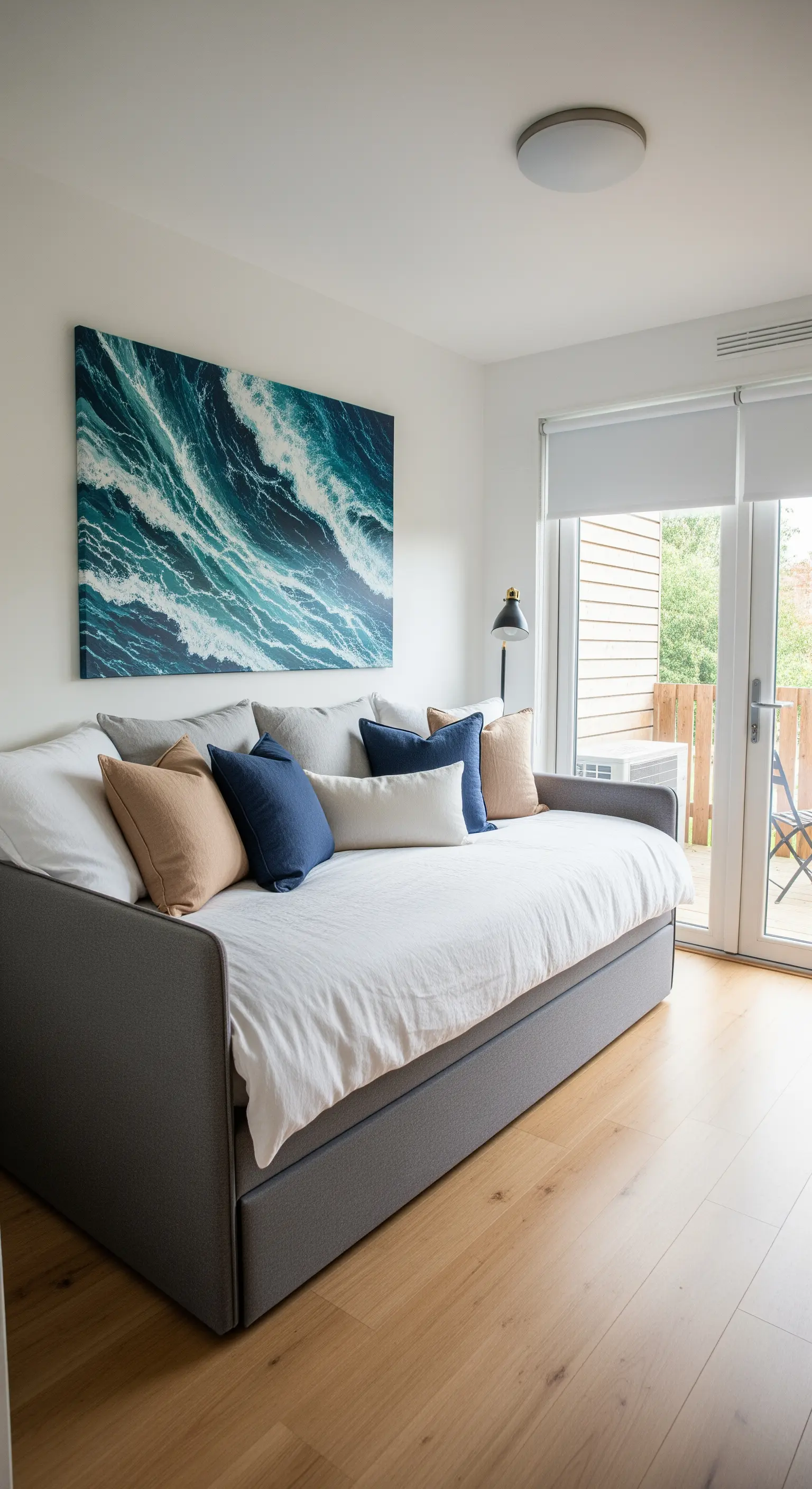 Graues Daybed mit vielen Kissen und Meeresgemälde