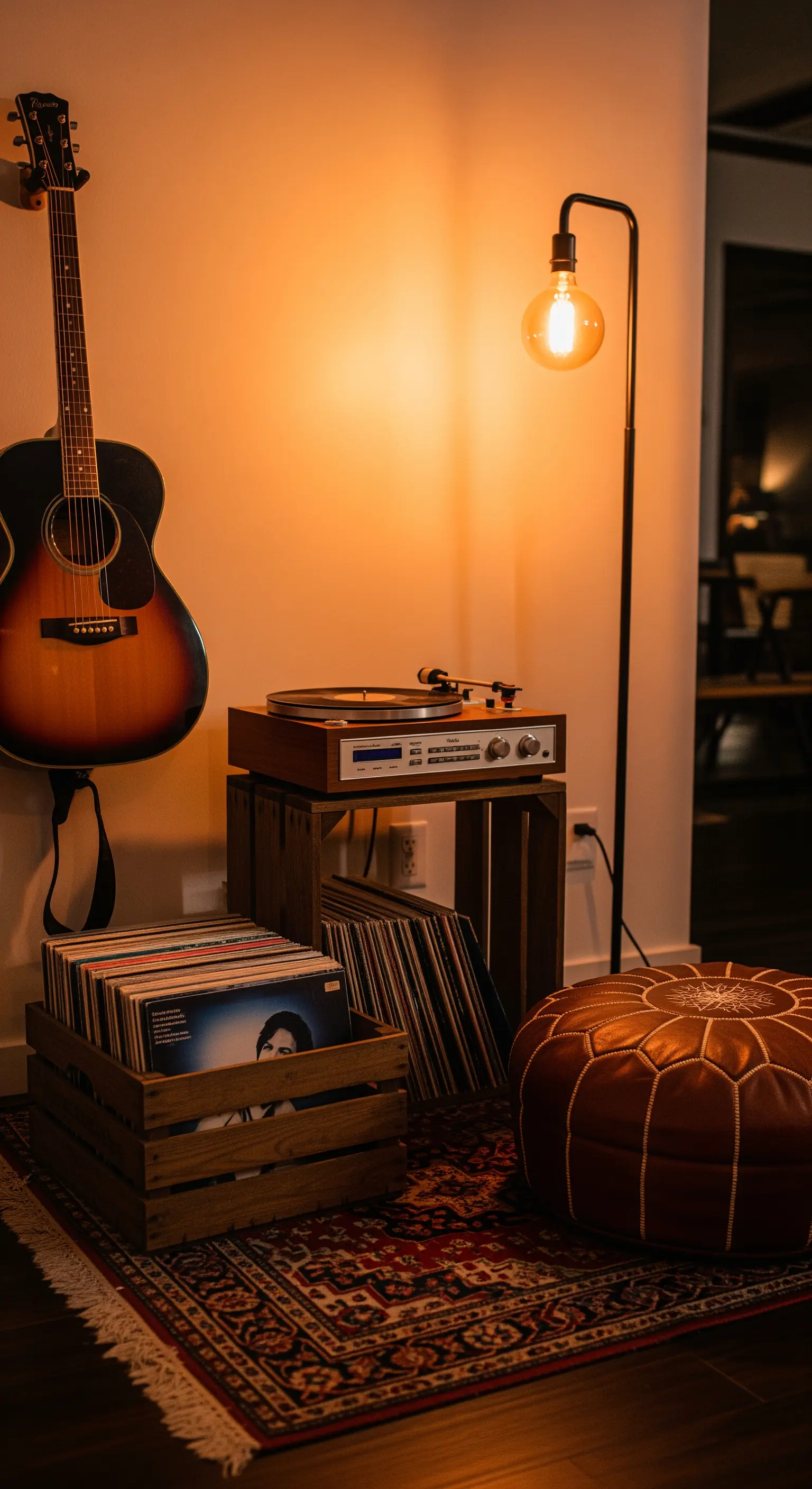 Plattenspieler auf Holzregal, Gitarre an der Wand, Lederpouf