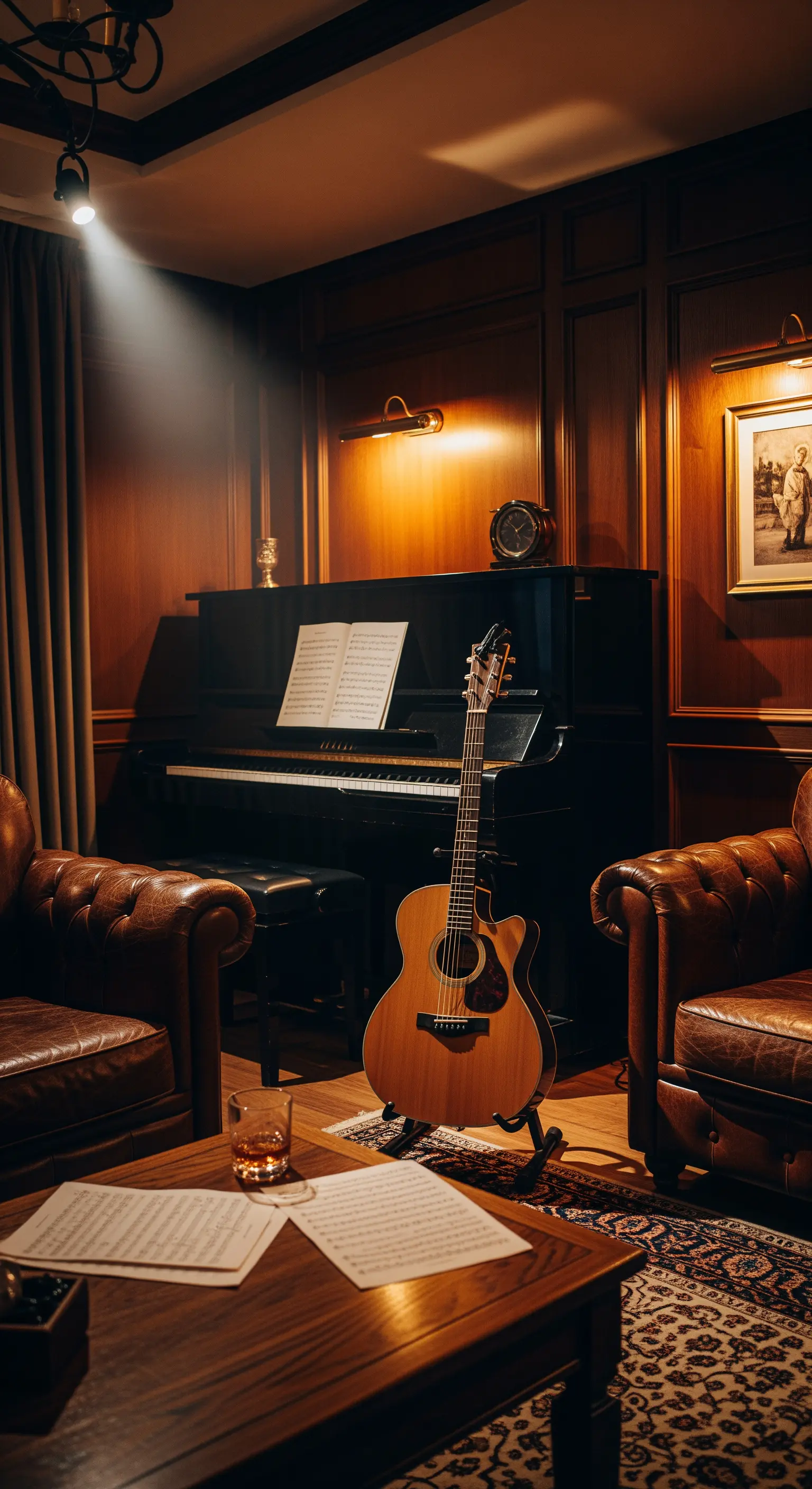 Musikzimmer mit Klavier, Gitarre und Ledersesseln