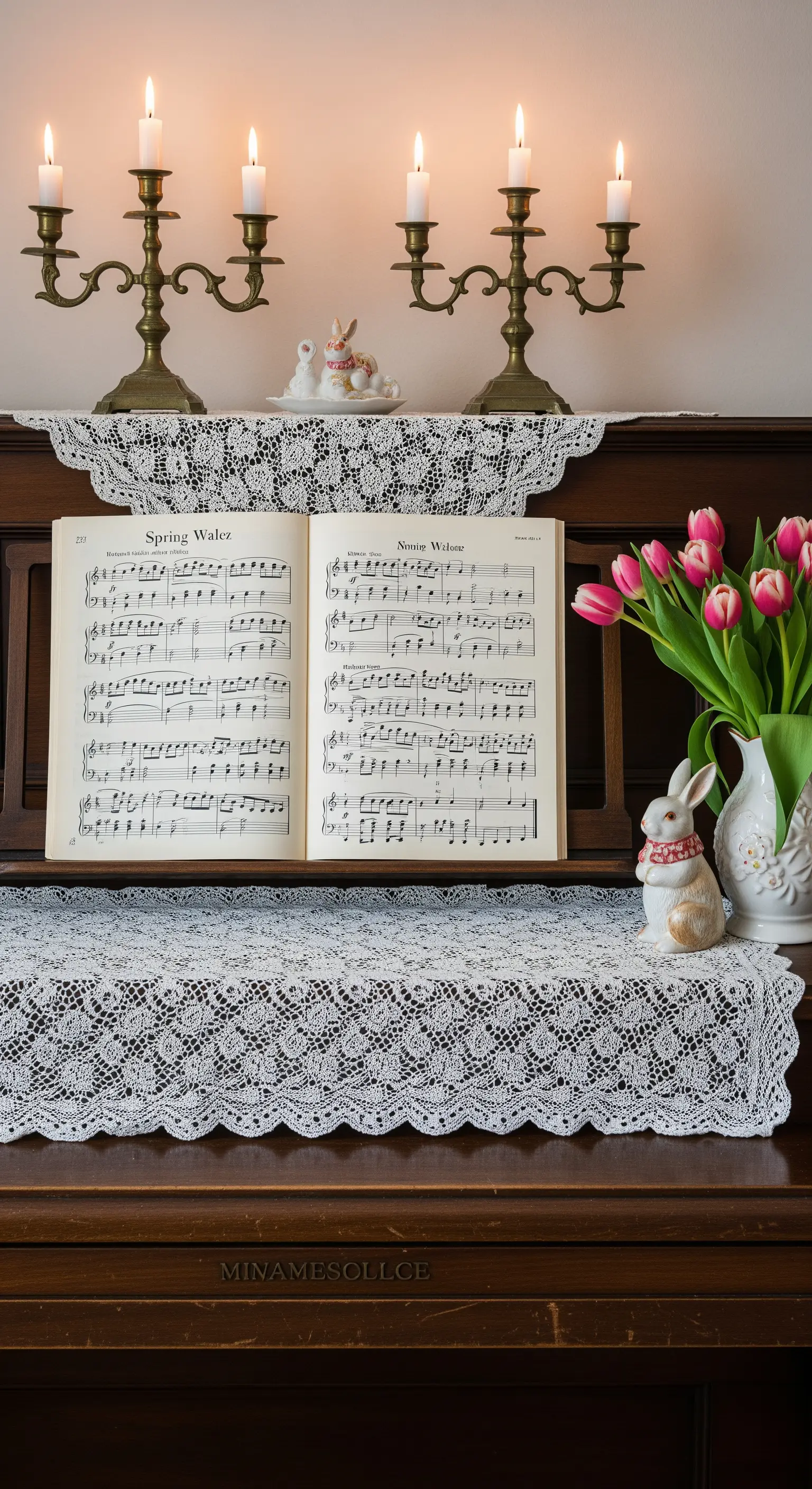 Klavier mit Notenheft, Tulpenvase und Spitzendecke