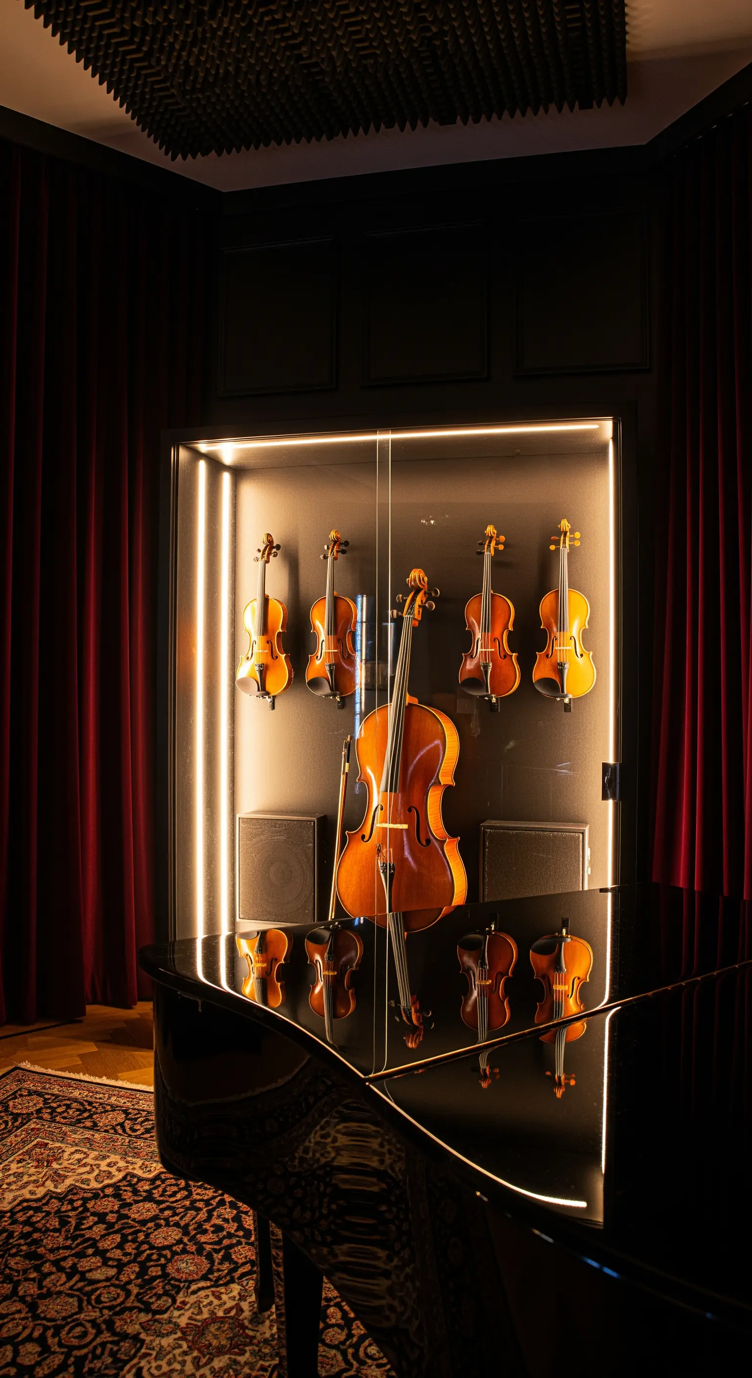 Beleuchtete Vitrine mit Geigen und Cello in einem Musikzimmer mit Klavier